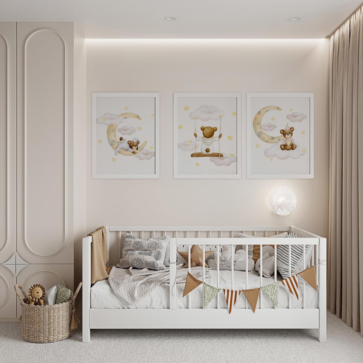 POSTER SET für Kinderzimmer Teddybären Monde Wolken Sterne 3x Poster A3 30x42cm - Gelb/Beige, Papier (30/42/1cm) - Muralo
