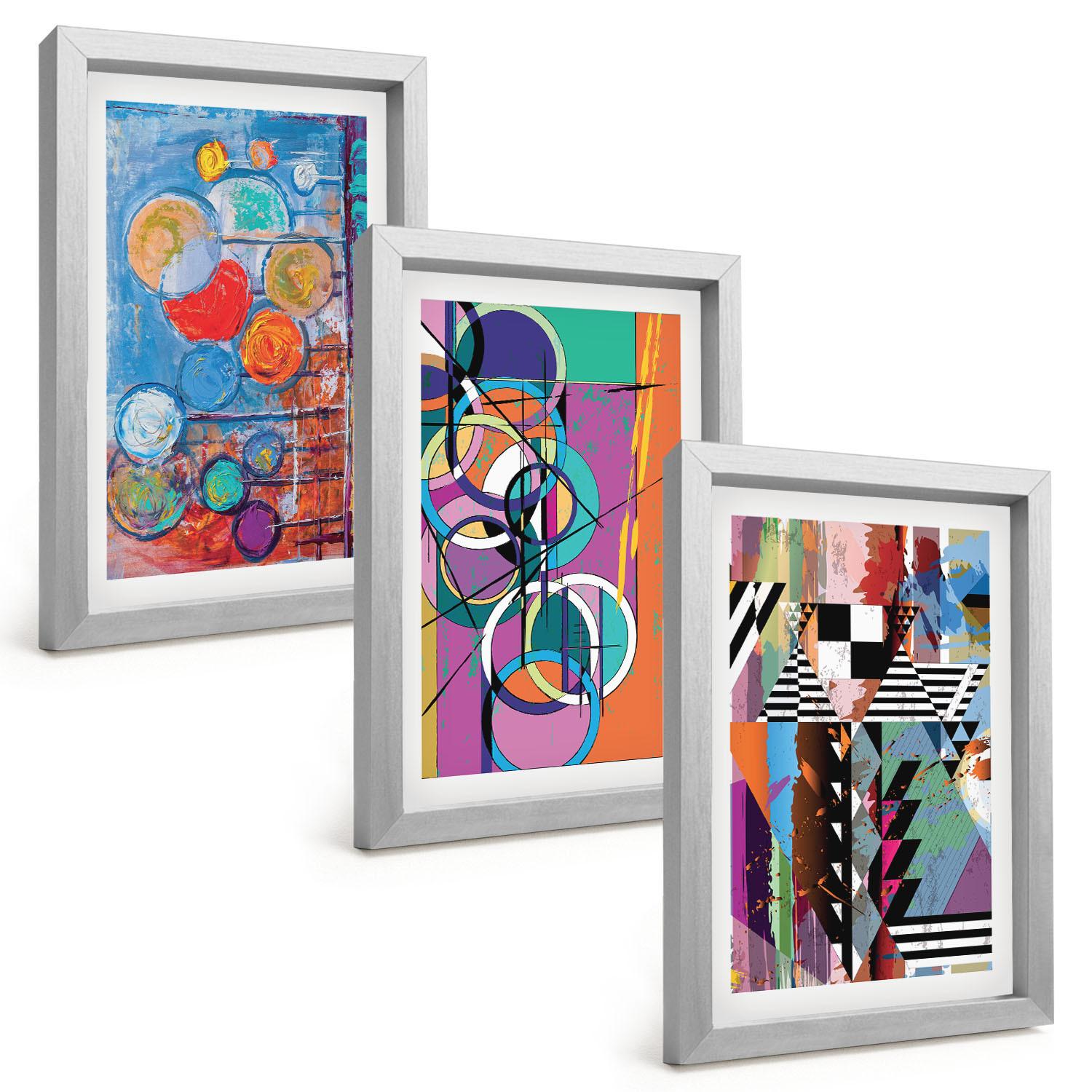 BILDER SET 3er Set - 20x30 cm Silberner Rahmen - Bunte abstrakte Kreise Geometrie - Silberfarben, Kunststoff (20/30cm) - TULUP