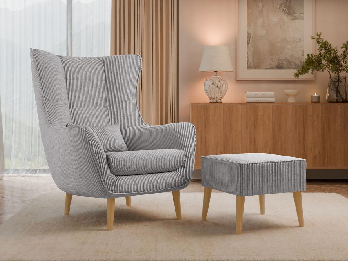 SESSEL Estjano Cord mit Fußbank - Beige/Hellgrau, Holz/Textil (80/106/95cm) - MIRJAN24