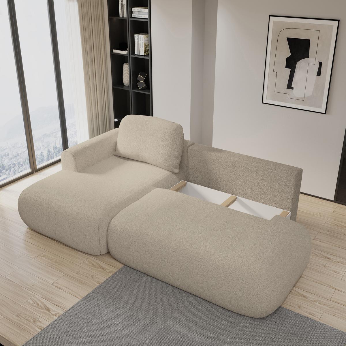 ECKSOFA NUVIRA L-S Beige Boucle-Stoff mit Schlaffunktion - Beige, Holz (279/158cm) - MASSENO