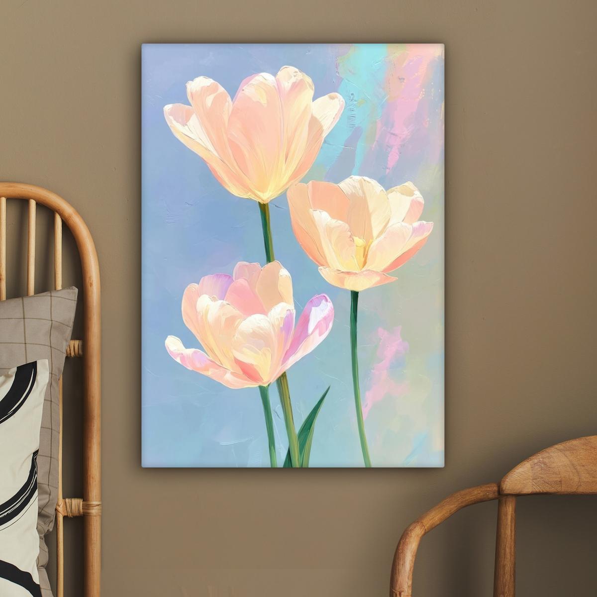 LEINWANDBILD Tulpen - Rosa Akzente - Blau Wandbild Wohnzimmer 60x80 cm - Pastellblau, Textil (60/80cm) - MuchoWow