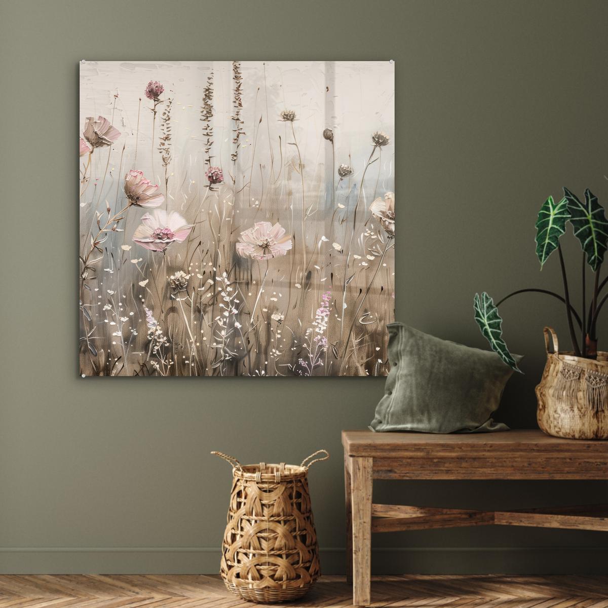 ACRYLGLASBILD Blumen - Rosa - Modern - Beige 90x90 cm - Beige, Glas (90/90cm) - MuchoWow