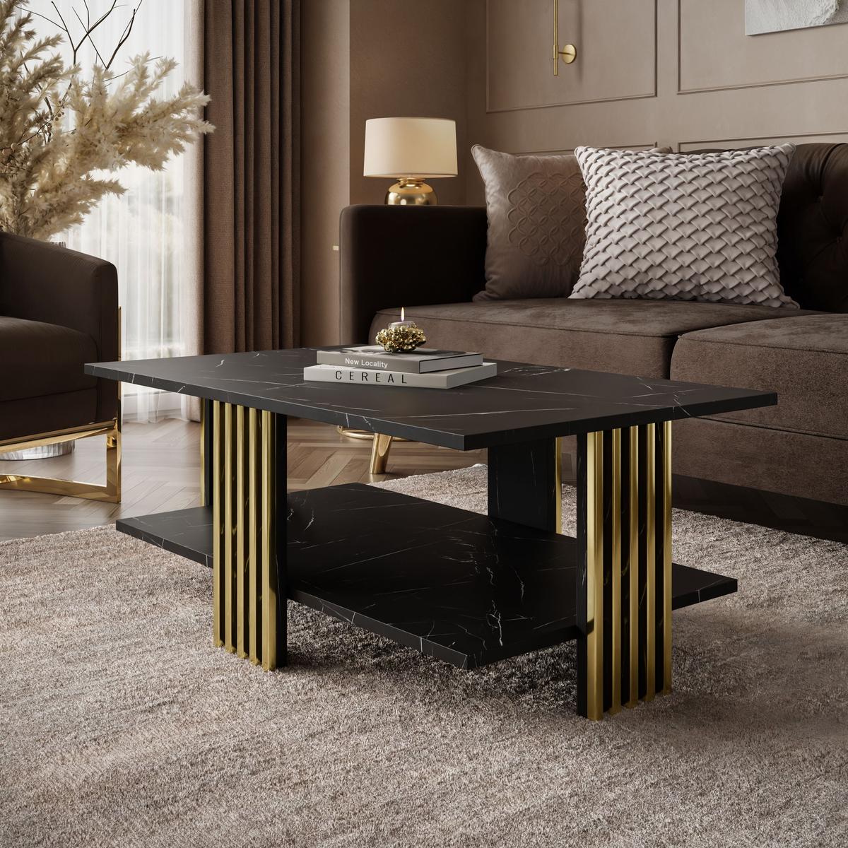 COUCHTISCH SAPHIRA GOLD mit Ablageboden, Schwarz Marmour - Schwarz, Holzwerkstoff (60/100/40cm) - Lookway