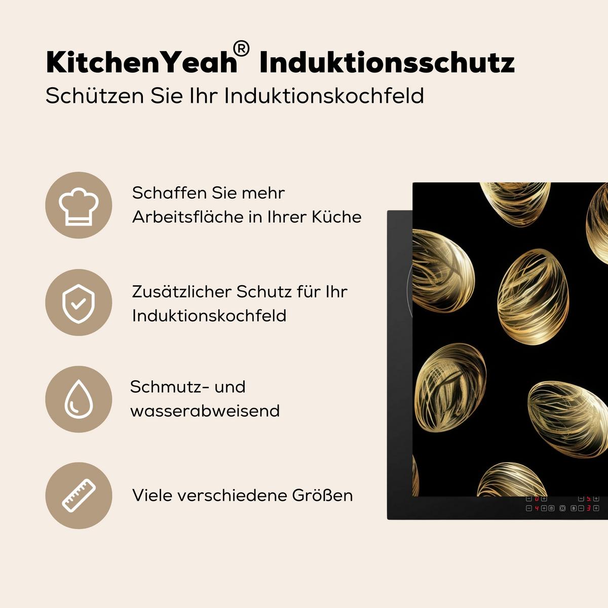 HERDABDECKPLATTE Eier - Gold - Muster Induktionsmatte 83x51 cm - Schwarz, Kunststoff (83/51.5/0.2cm) - MuchoWow