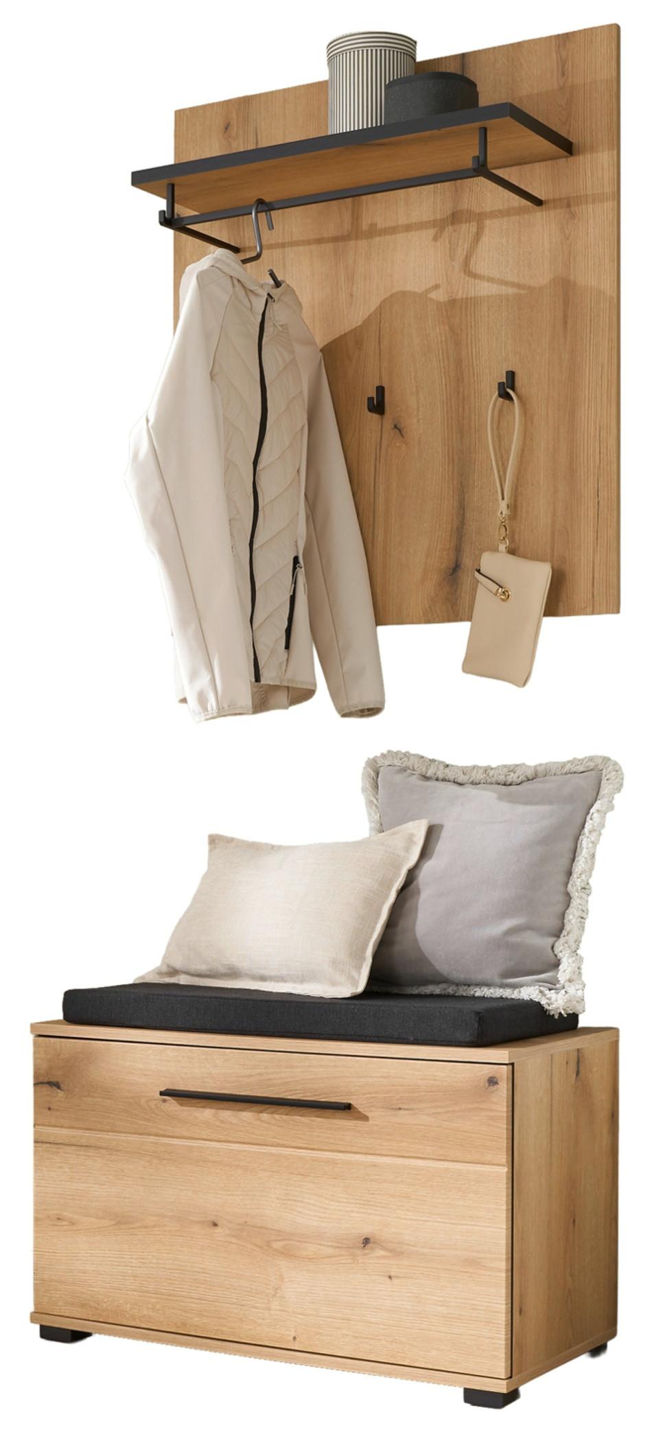 GARDEROBEN-SET 3-teilig Evoke Eiche Breite 80 cm, Flurgarderobe inkl. Sitzkissen - Dunkelgrau/Eichefarben, Holzwerkstoff/Kunststoff (80/200/40cm) - Furn.Design