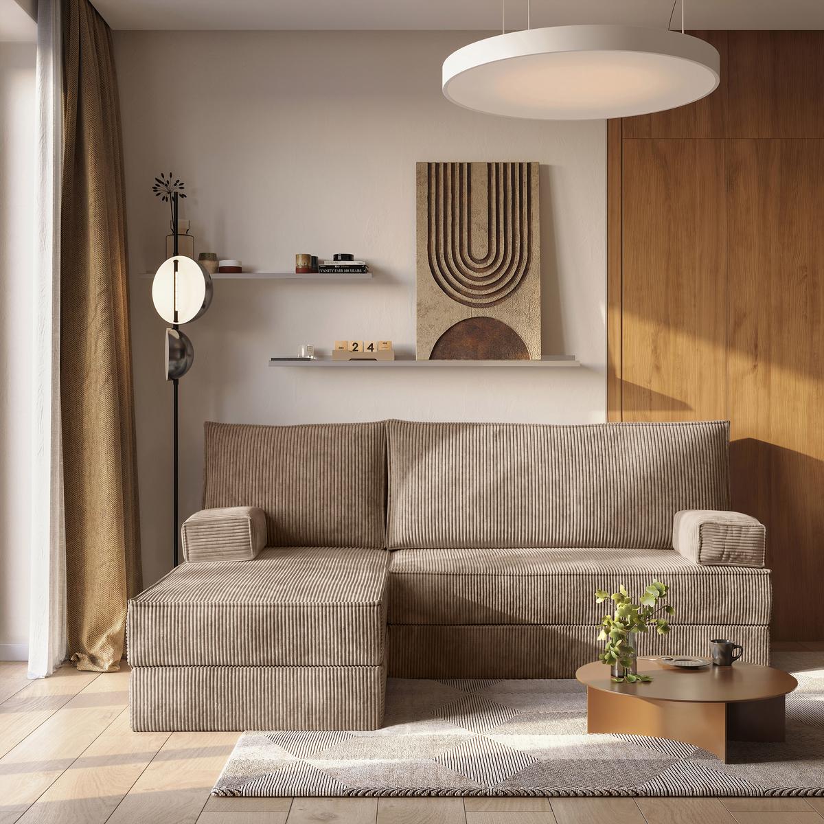 ECKSOFA NOTIA modulares Boneless Sofa mit Schlaffunktion Beige Kordstoff - Beige, Textil (200/120cm) - MASSENO