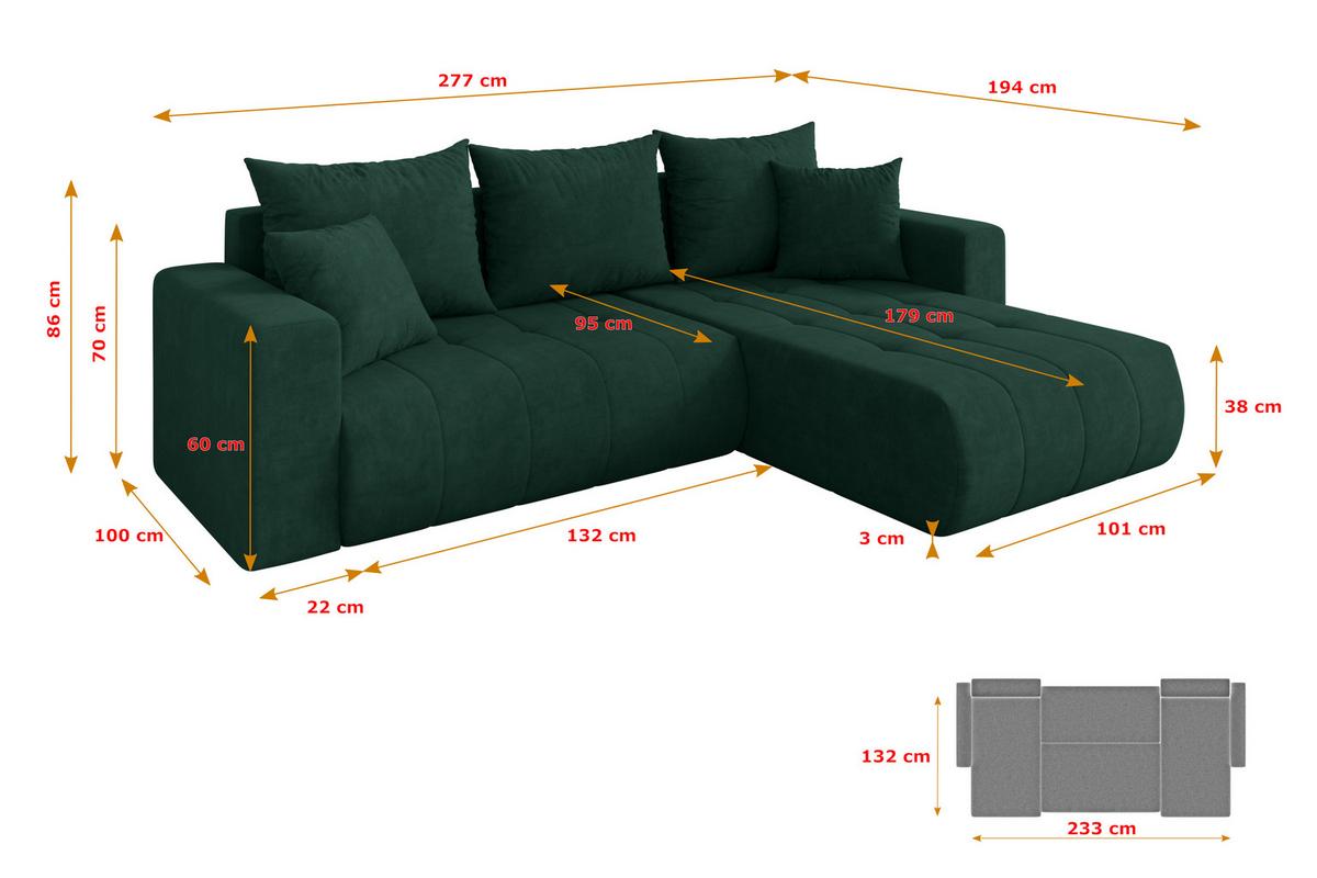 ECKSOFA mit Schlaffunktion Ottomane Rechts MILA-L 277x194x86 Grün Velours - Schwarz/Grün, Holzwerkstoff/Kunststoff (277/194cm) - ALTDECOR