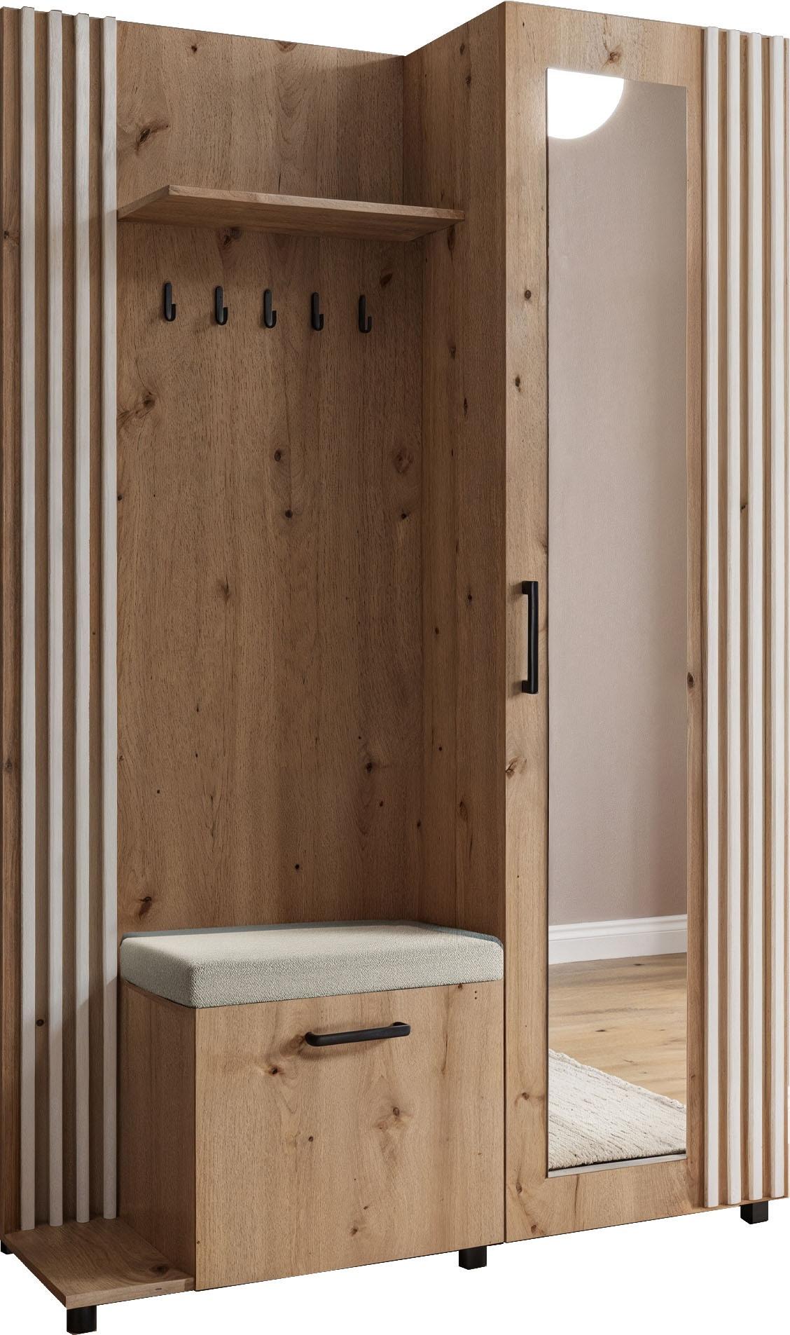 GARDEROBE Linaro mit Spiegel, Sitzbank in Lamellen-Optik 137/207/42 cm, Links - Schwarz/Eiche Artisan, Holzwerkstoff (137/207/42cm) - WFL GROUP