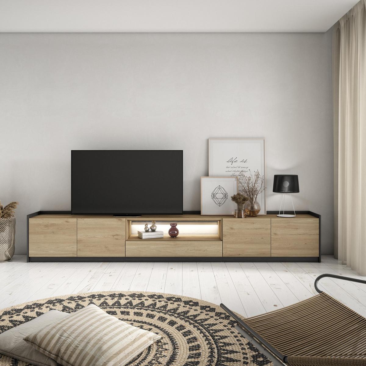 LOWBOARD, Eiche und Schwarz, 310/37/50cm, mit Led - Eichefarben, Holzwerkstoff (310/50/37cm) - Skraut Home