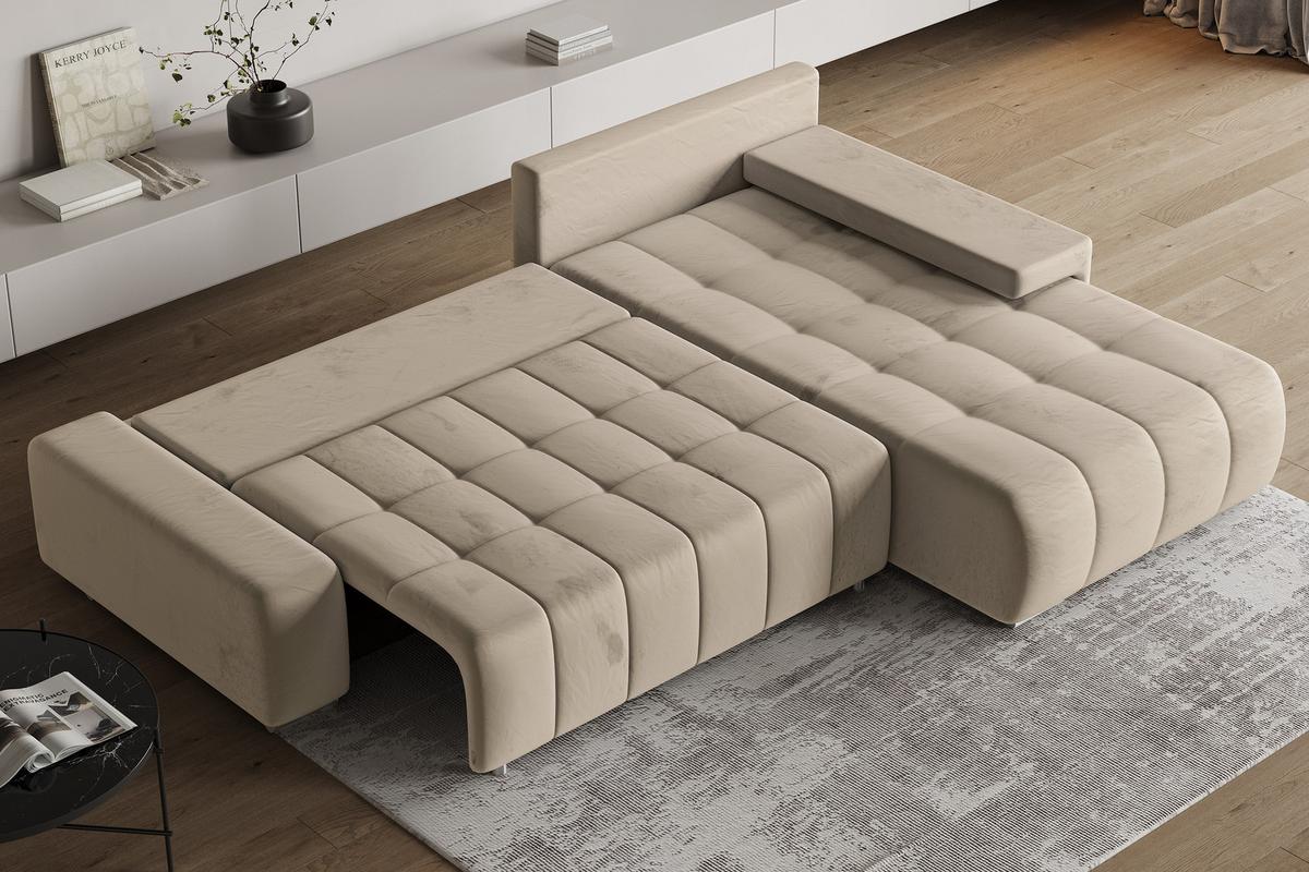 ECKSOFA ALESE R-S Creme Velours-Stoff mit Schlaffunktion - Silberfarben/Creme, Holz/Textil (265/185cm) - MASSENO