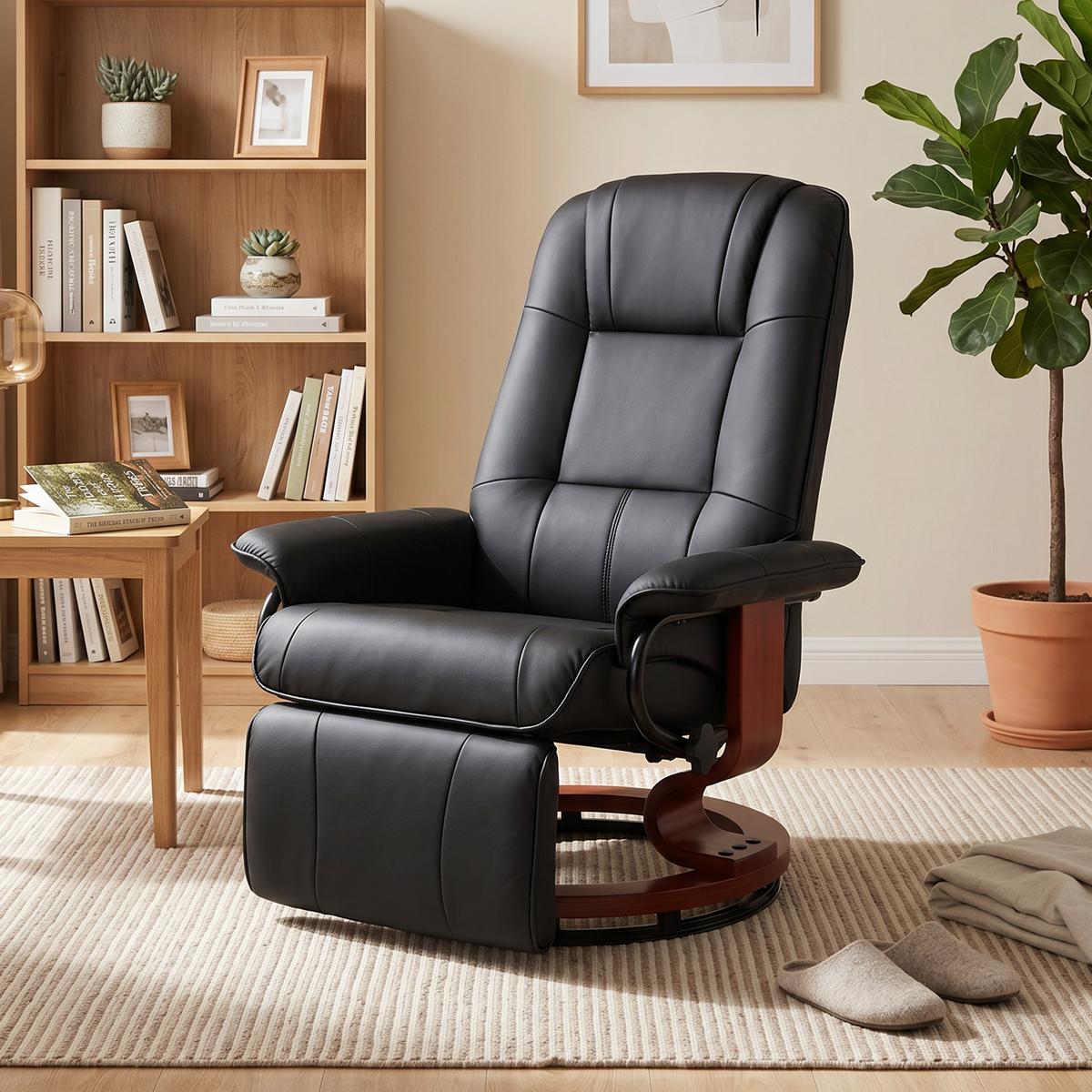 FERNSEHSESSEL Relaxsessel Liegesessel Kunstleder 360° Drehstuhl Holzfuß neigbar - Schwarz/Braun, Leder/Holz (87/100/78cm) - HOMCOM