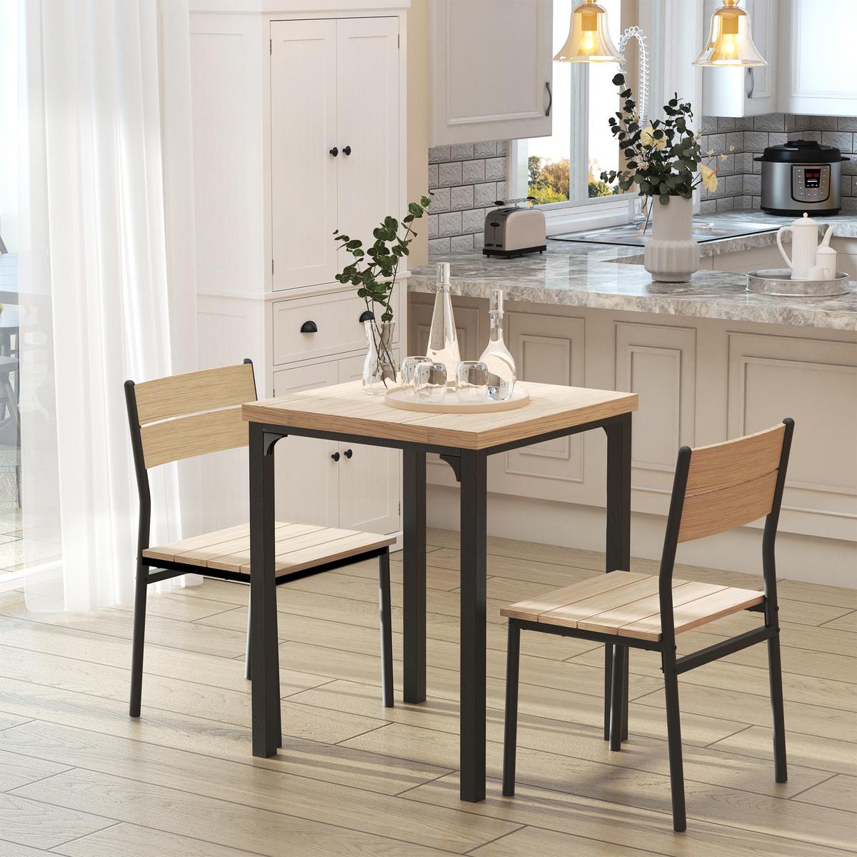3-TEILIGE Essgruppe Küchentisch mit Metallgestell Esszimmergruppe Sitzgruppe - Naturfarben, Metall (60/76/60cm) - HOMCOM