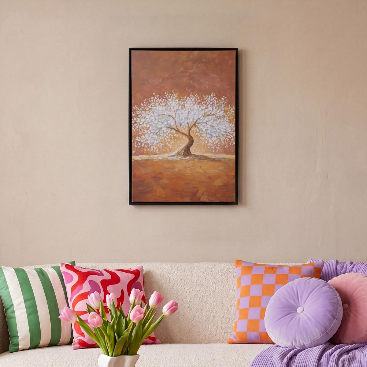 LEINWAND Bilder mit Rahmen - Abstrakt - Baum - Weiß - Blätter - 40x60 - Braun, Textil (40/60cm) - MuchoWow