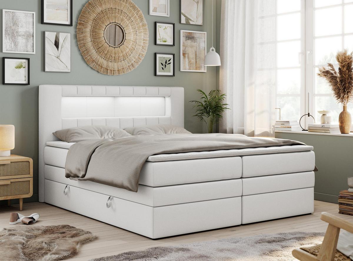 BOXSPRINGBETT GOLD-5 KING LED 120/200 Weiß Kunstleder - H4 - Weiß, Holz/Textil (120/200cm) - MKS