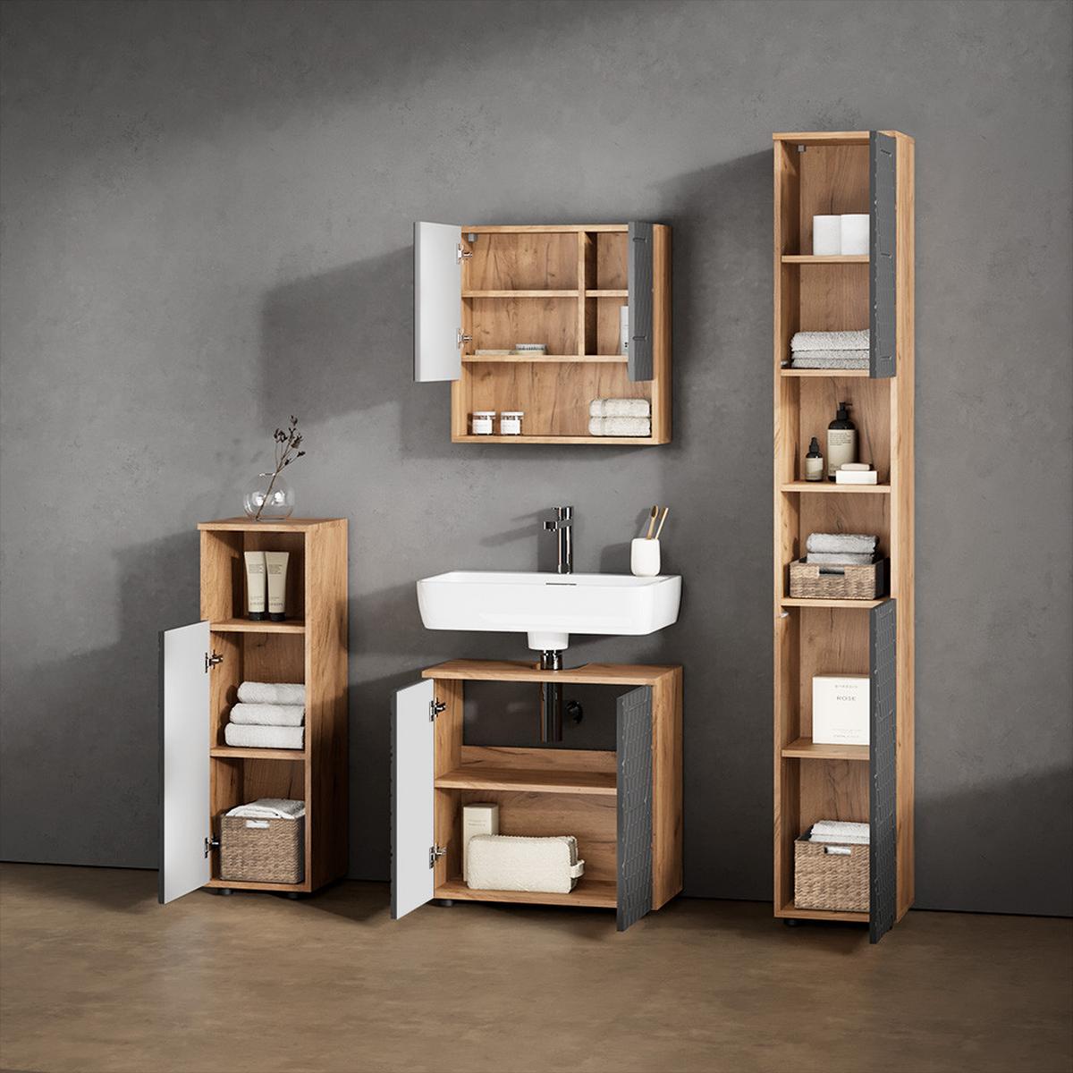 BADMÖBEL-SET Ronco Anthrazit mit Wabenstruktur 4 Teile, mit Hochschrank - Anthrazit, Holzwerkstoff (60/59/30cm) - Livinity®