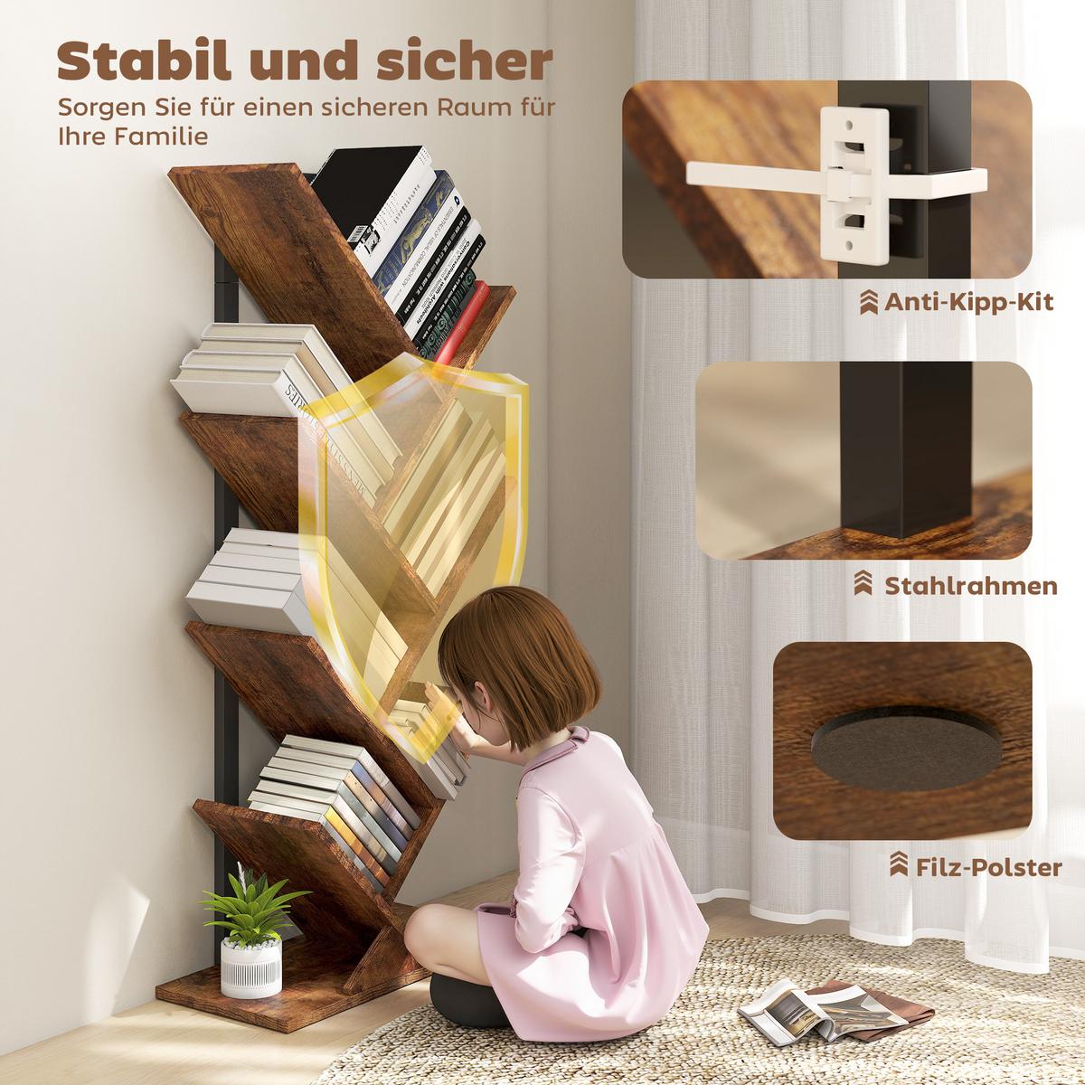 BÜCHERREGAL Standregal mit 7 Ebenen Schmal Regal im Baumform Rustikal Braun - Rostfarben/Schwarz, Holzwerkstoff/Metall (24/109/50cm) - HOMCOM