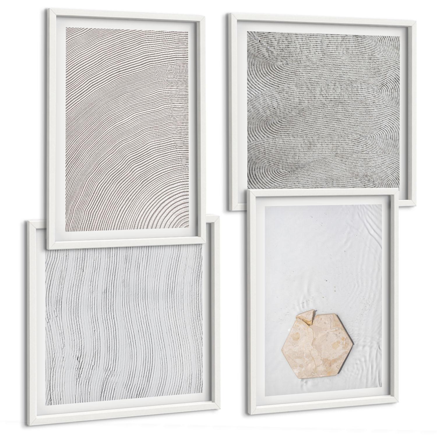 BILDER SET 4er Set - 50x50 cm & 40x60 cm Weißer Rahmen - Leichte Boho-Sandtexturen - Weiß, Kunststoff (50/50cm) - TULUP