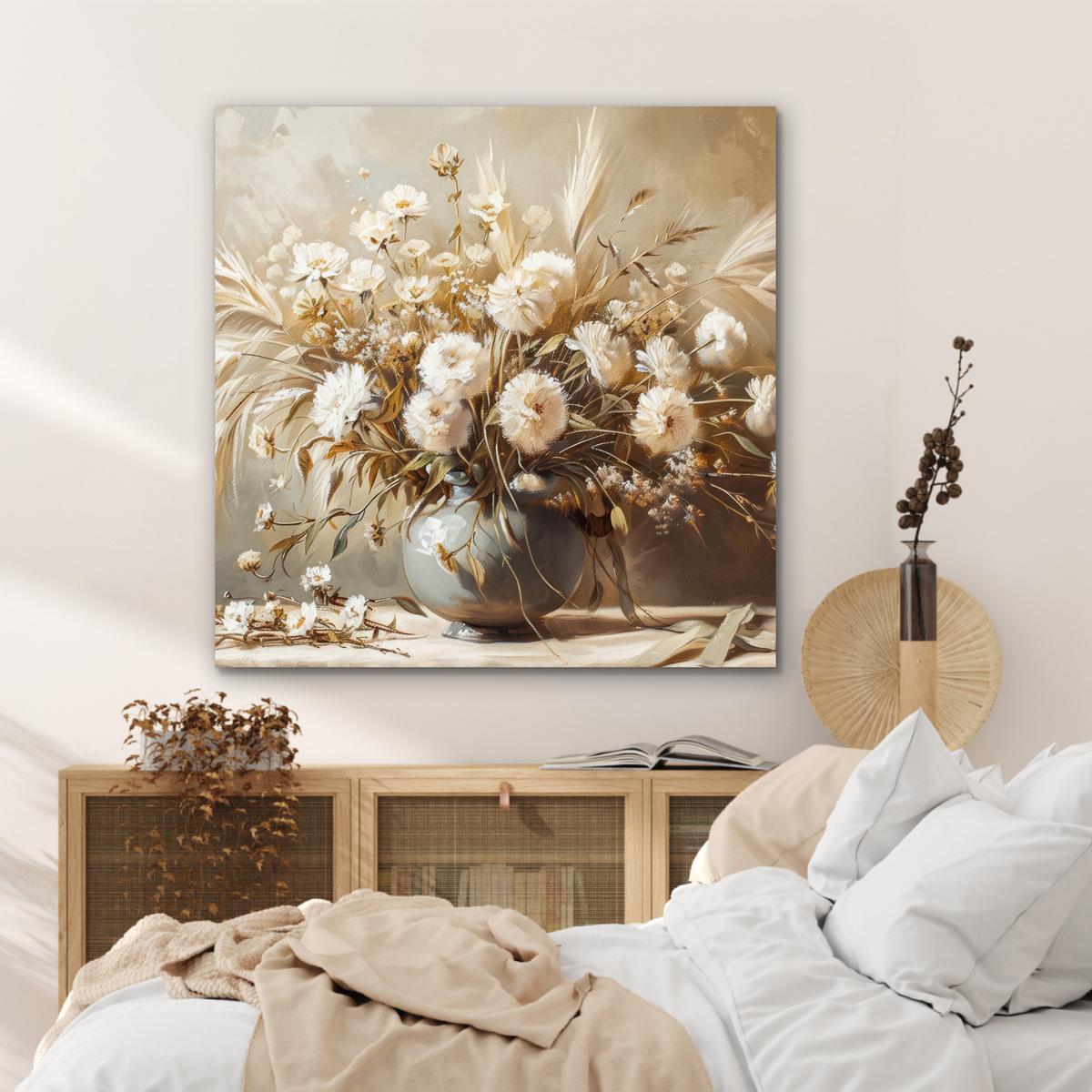 METALLBILD Blumen - Vase - Stilleben - Beige 90x90 cm - Creme, Metall (90/90cm) - MuchoWow