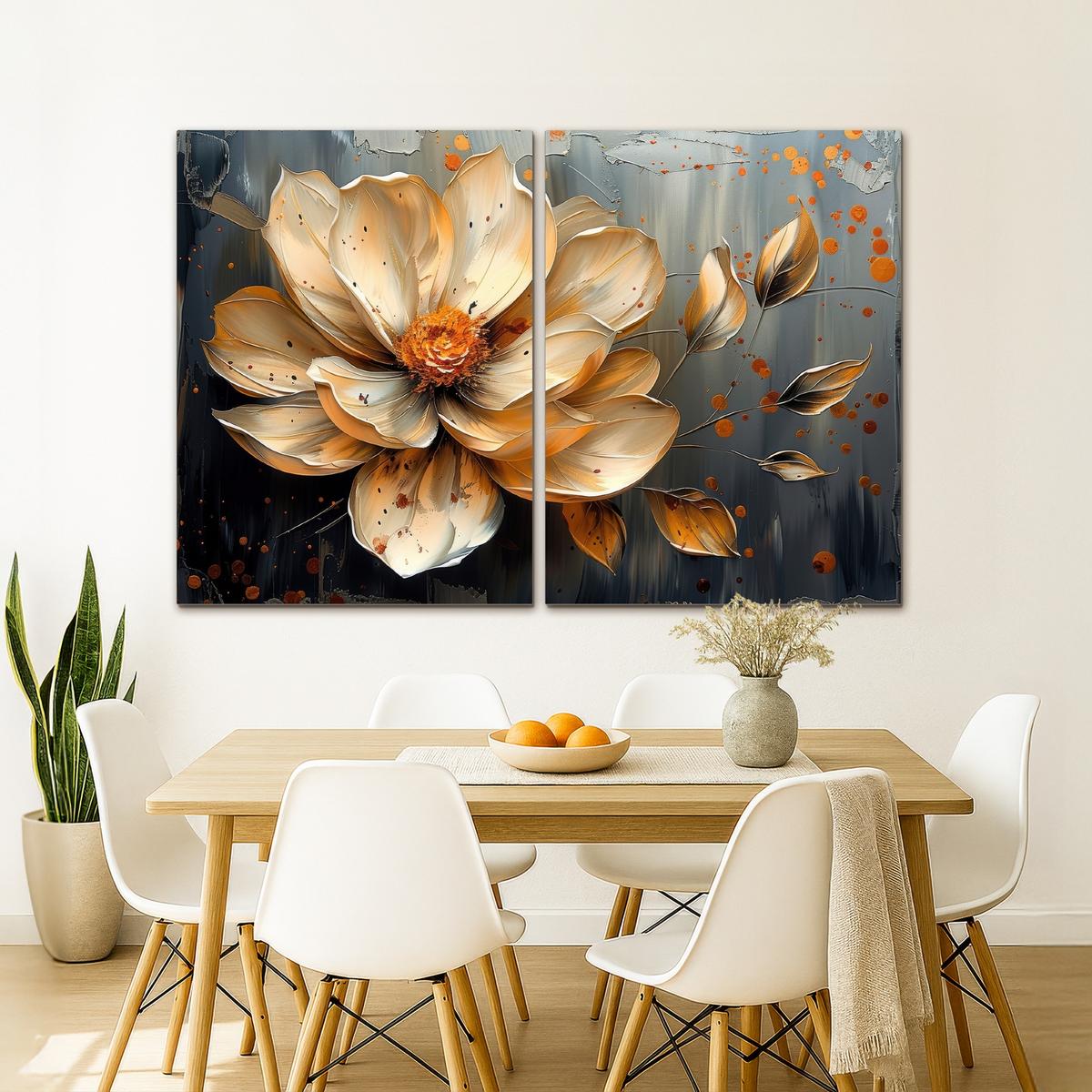 LEINWANDBILD 2er Set Blume - Gold - Abstrakt - Farbe 180x120 cm - Creme, Textil (180/120cm) - MuchoWow