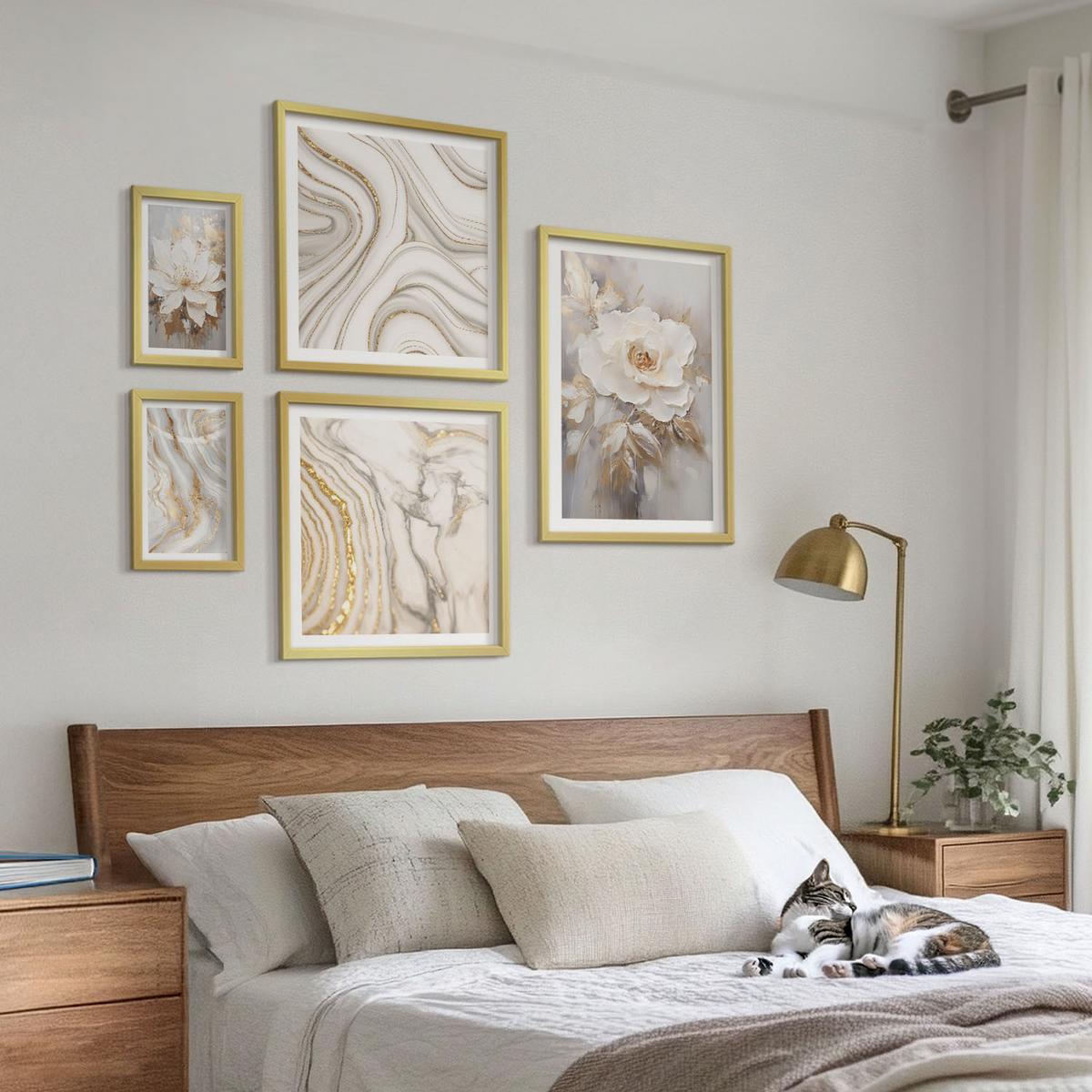 BILDER SET 5er Set - 50x50 cm & 20x30 cm & 40x60 cm Goldrahmen - Subtile abstrakte Muster - Goldfarben, Kunststoff (40/60cm) - TULUP