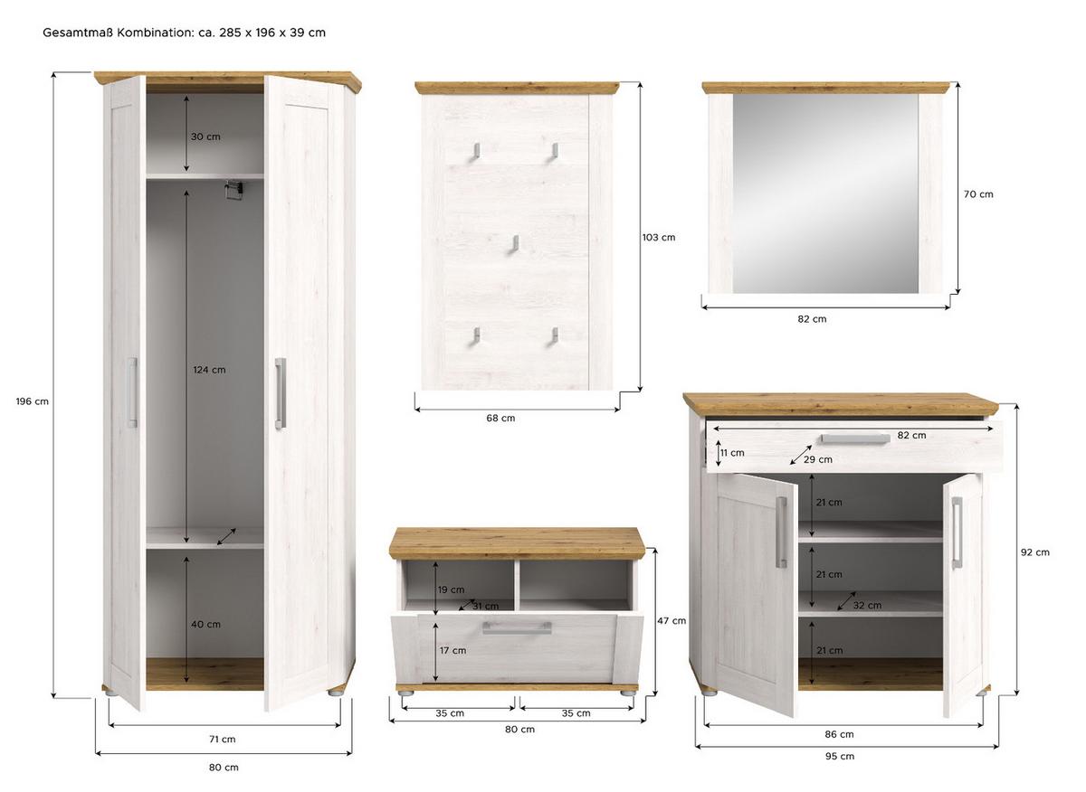 GARDEROBE Set 5-teilig weiß Lärche 285 cm, Komplettset im Landhaus-Stil - Silberfarben/Weiß, Glas/Holzwerkstoff (285/196/39cm) - Inn.Furn