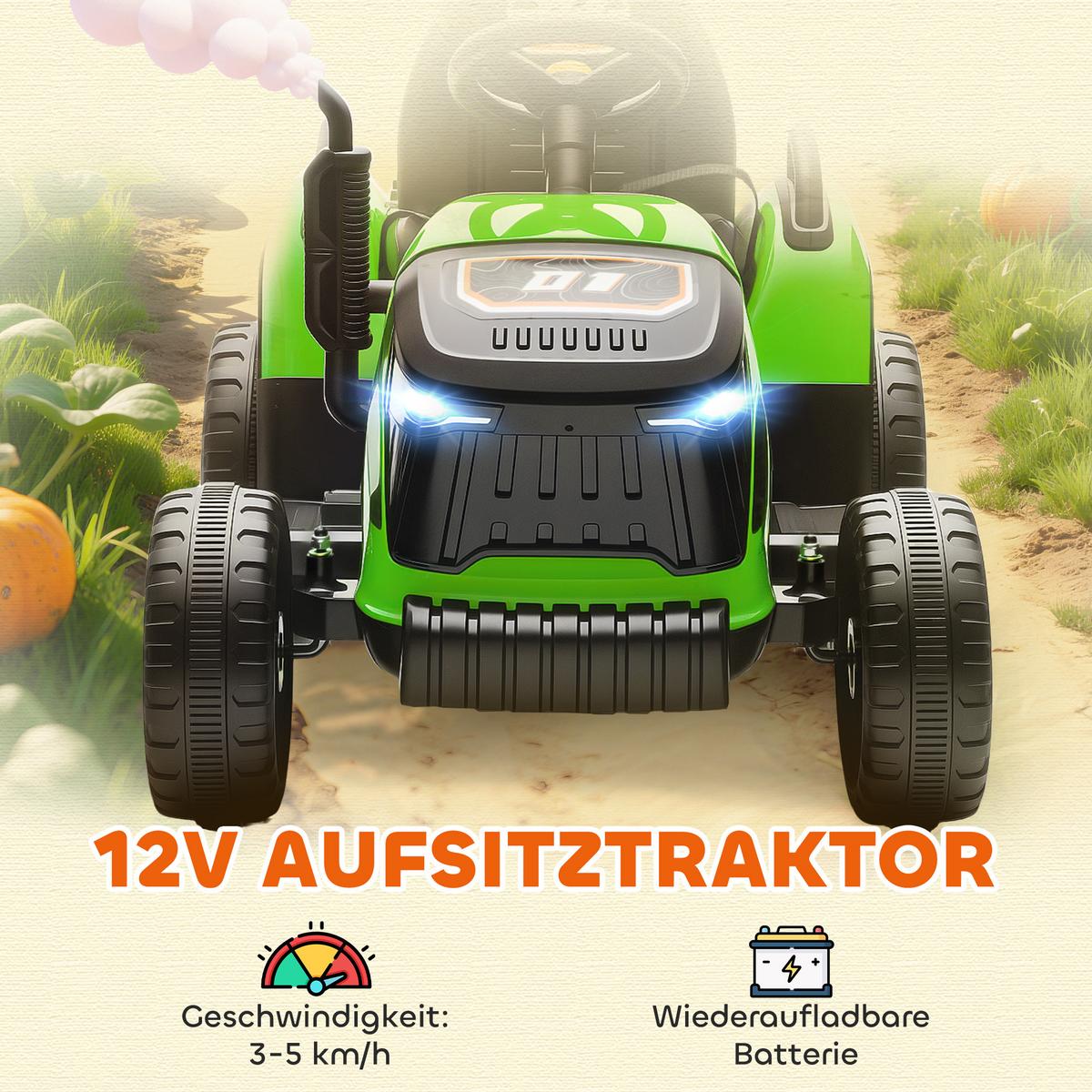 KINDER-ELEKTROTRAKTOR 3-Gang mit Anhänger, 2 Motor, für 3-8 Jahre, Grün - Grün, Metall (139/58/55cm) - AIYAPLAY