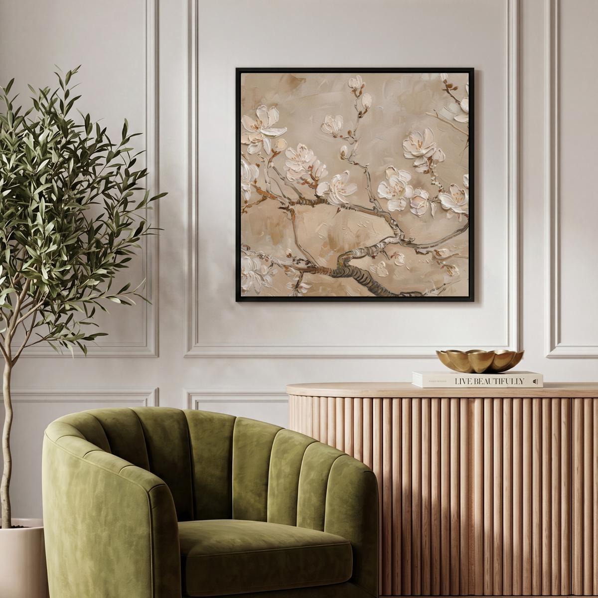 LEINWAND Bilder mit Rahmen - Blumen - Modern - Beige - Weiß - Blüte - 50x50 - Beige, Textil (50/50cm) - MuchoWow