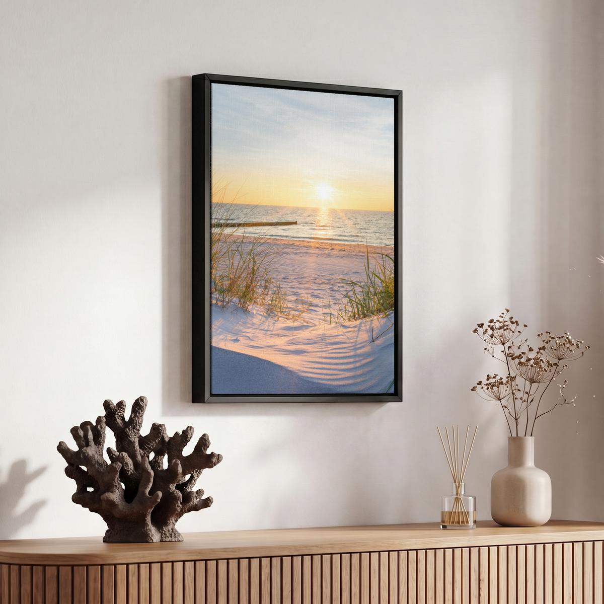 LEINWAND Bilder mit Rahmen - Strand - Sonne - Düne - Gras - Sand - Horizont - 20x30 - Hellblau, Textil (20/30cm) - MuchoWow