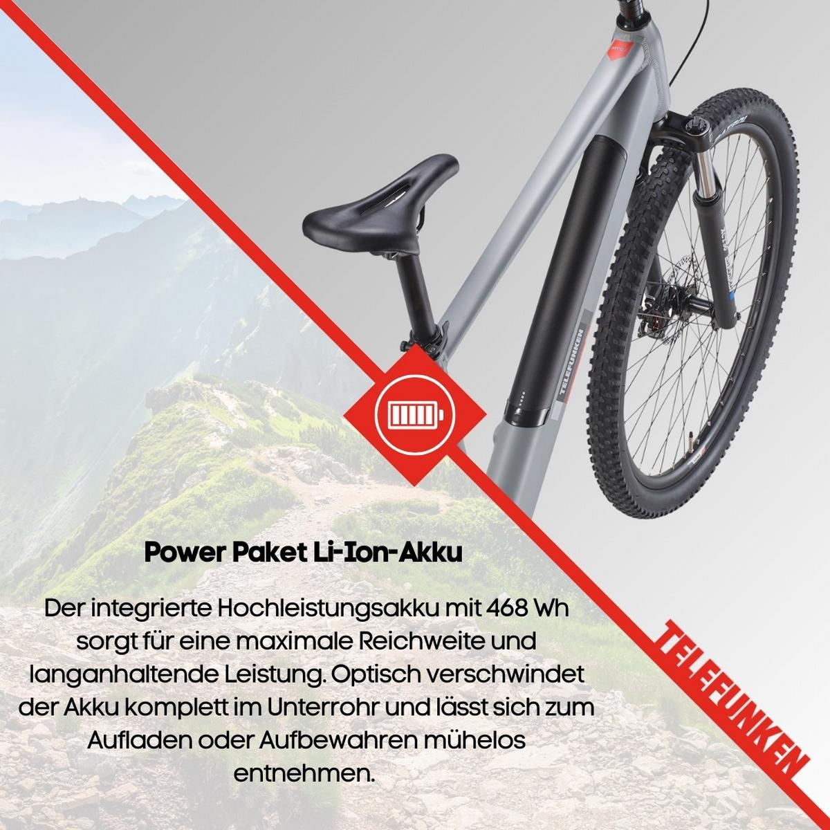 E-BIKE Mountainbike Aufsteiger M921 | Für Damen u. Herren | 468 Wh | Heckmotor | 7-Gang-Kettenschaltung | 29 Zoll - Grau, Metall (114.6cm) - Telefunken