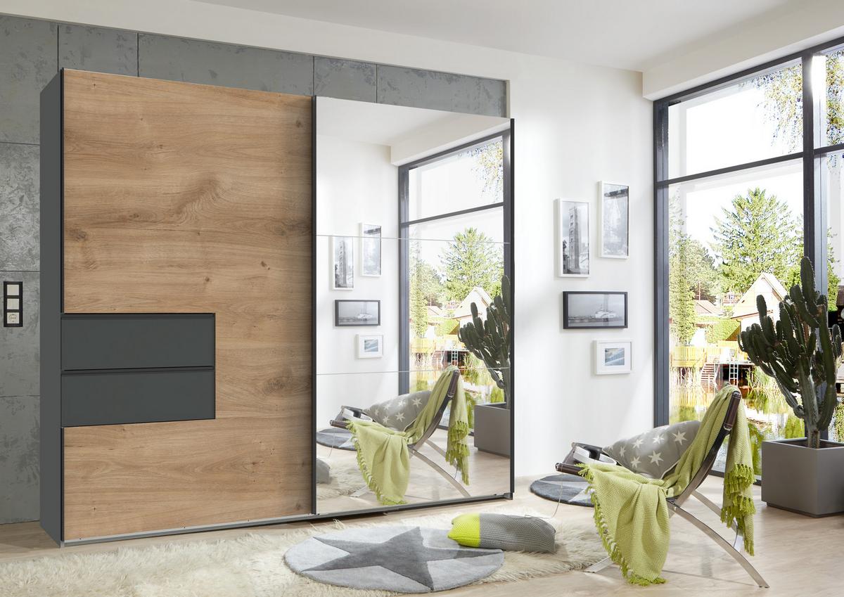 SCHWEBETÜRENSCHRANK 2-türig B250/H216/T65 cm, Korpus & Schubladen Grafit, Türen Eiche Dekor / Spiegel, Kleiderschrank inkl. Vollausstattung / 22051 - Eichefarben/Bordeaux, Holzwerkstoff/Metall (250/216/65cm) - luma-home