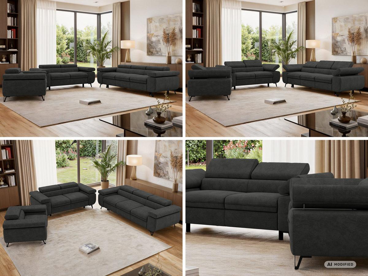 SITZGARNITUR PETER 1+2+3 mit Schlaffunktion - Dunkelgrau Stukture - Dunkelgrau/Graphitfarben, Textil/Metall (262/76/99cm) - MKS