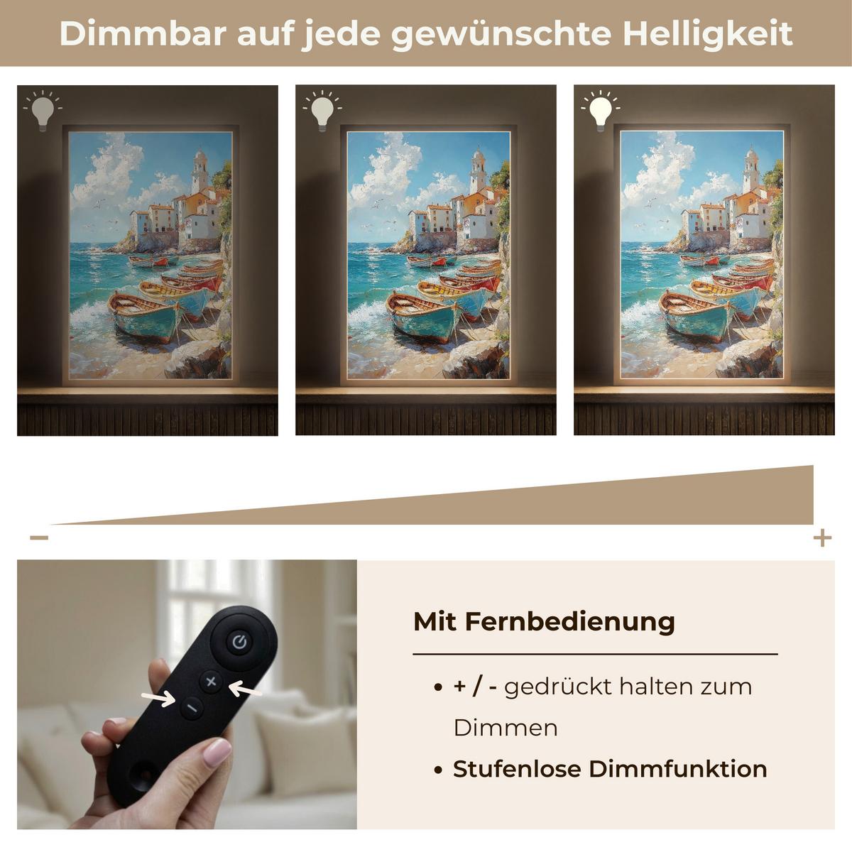 WANDLEUCHTE MIT AKKU Boote - Felsen - Meer - Sonne 40x60 cm - Blau, Holzwerkstoff (40/60/8cm) - OnlyWow