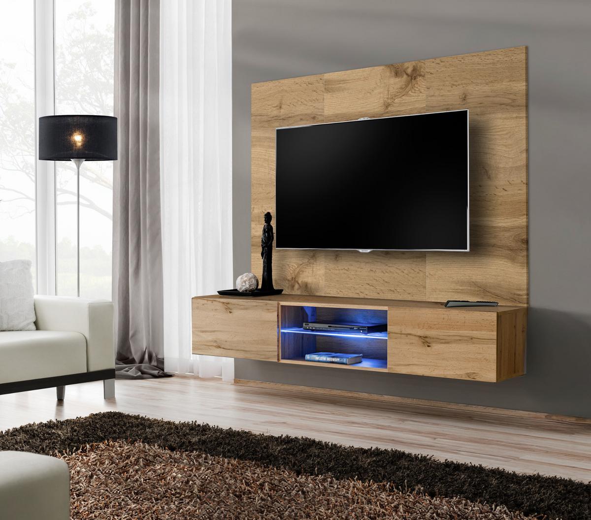 TV-LOWBOARD Eiche Wotan 180 cm hängend, Set inklusive LED-Beleuchtung und Akustikpaneel - Eiche Wotan, Glas/Holzwerkstoff (180/148/40cm) - Inn.Furn