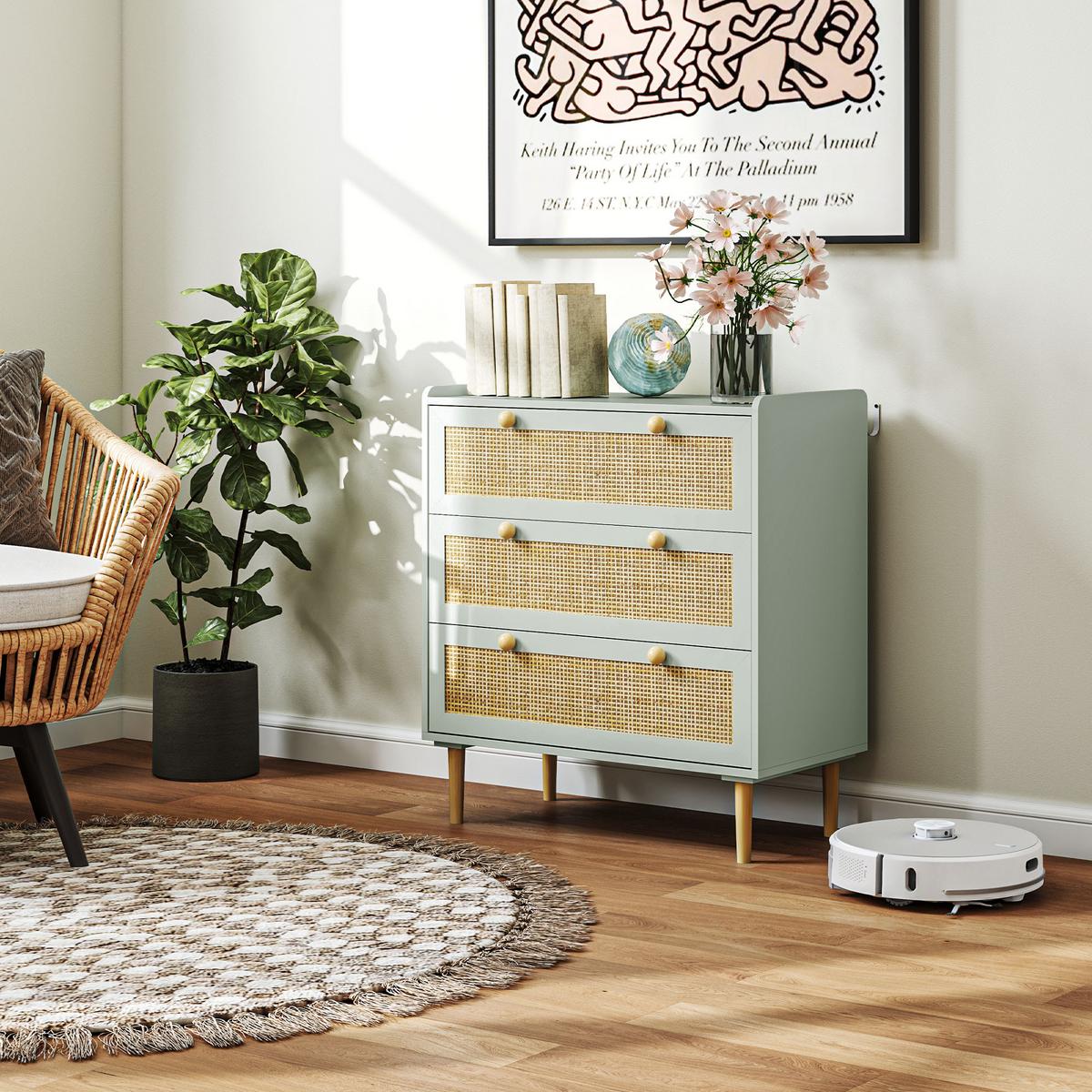 SCHLAFZIMMER-KOMMODE mit 3 Schubladen, Rattan-Fronten, MDF, Grün - Hellblau, Holzwerkstoff (40/87.5/80cm) - HOMCOM