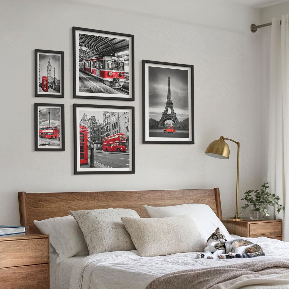 BILDER SET 5er Set - 50x50 cm & 20x30 cm & 40x60 cm Schwarzer Rahmen - Rote Busse in der Stadt - Schwarz, Kunststoff (40/60cm) - TULUP