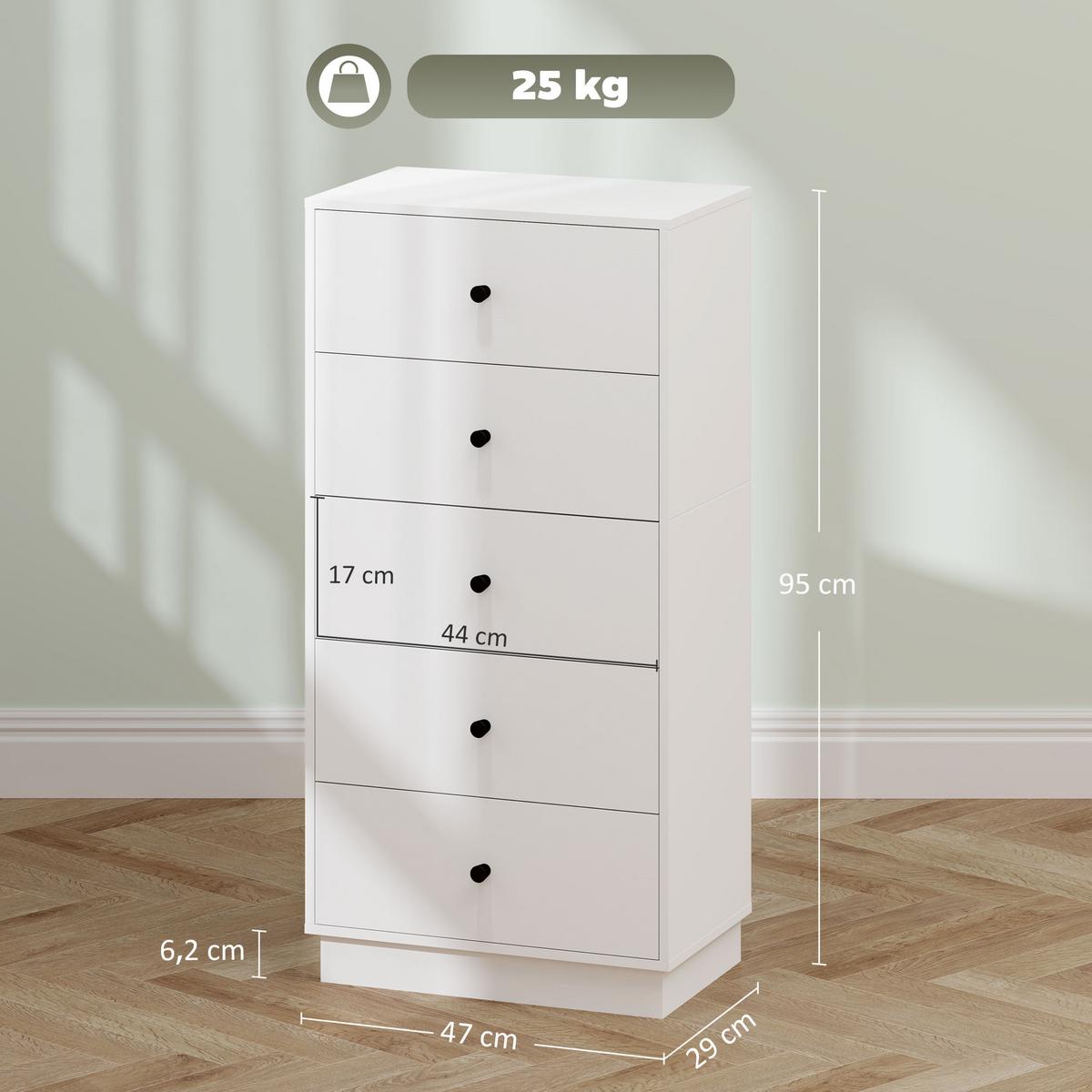 KOMMODE Sideboard mit 5 Schubladen Schrank aus Holzwerkstoff 47 x 29 x 95 cm Weiß - Weiß, Holzwerkstoff (29/95/47cm) - HOMCOM