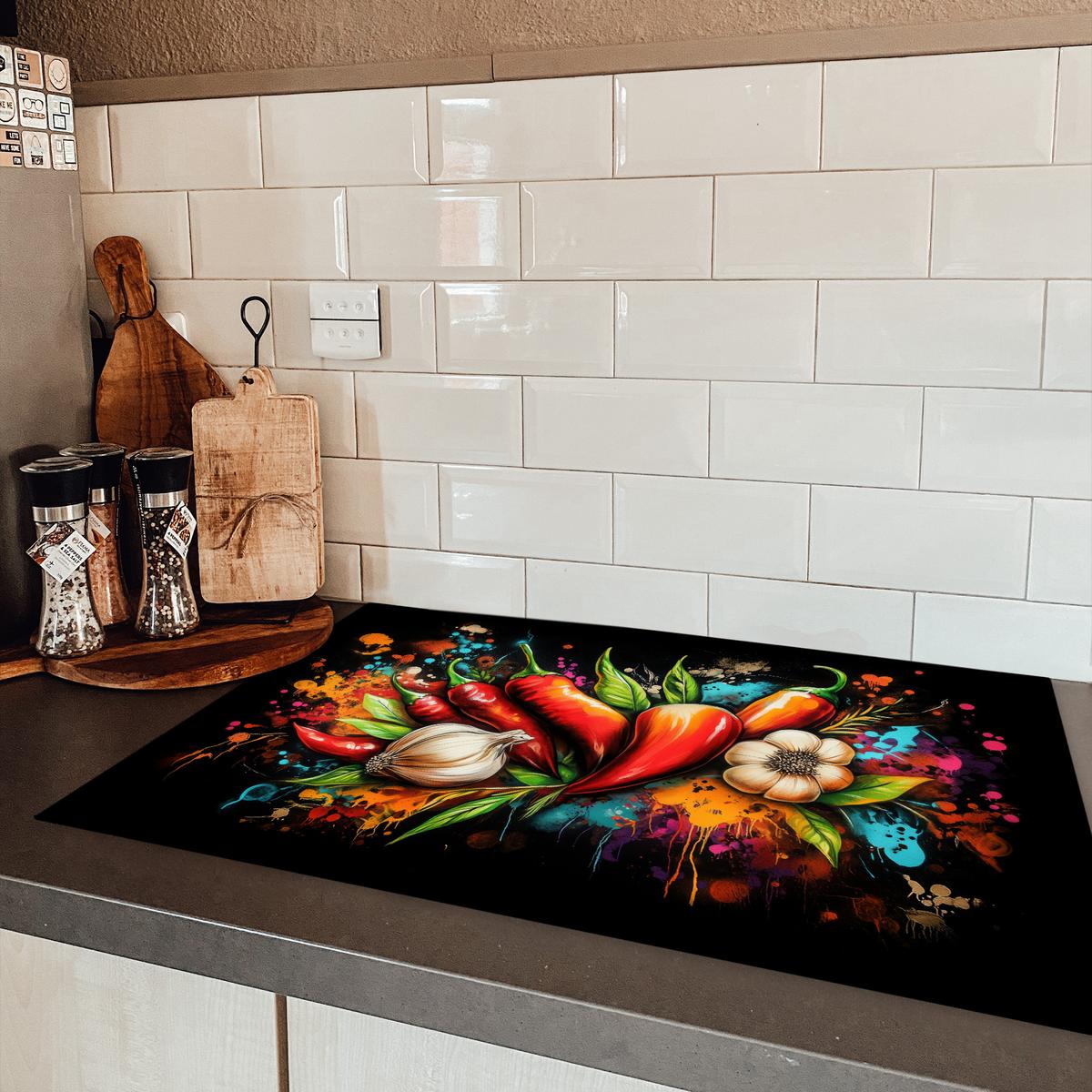 HERDABDECKPLATTE Gemüse - Paprika - Knoblauch - Graffiti - Farbe - Bunt Induktionsschutz 81.6x52.7 cm - Rot, Kunststoff (81.6/52.7/0.2cm) - MuchoWow