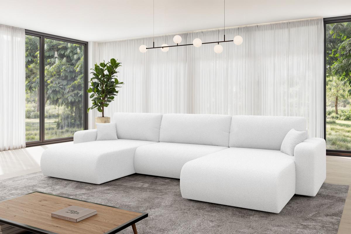 WOHNLANDSCHAFT mit Schlaffunktion und Bettkasten BERY-U 377x193x88 Weiß Bouclé - Schwarz/Weiß, Holzwerkstoff/Kunststoff (377/88/193cm) - ALTDECOR
