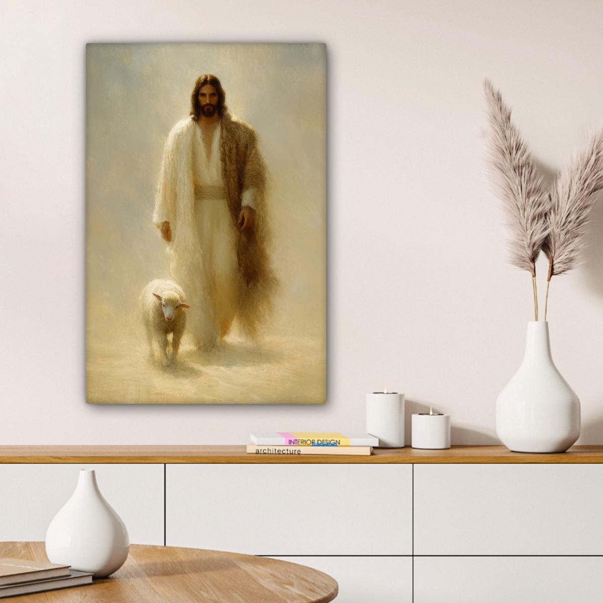 LEINWANDBILD Schaf - Jesus - Pinselstriche - Abstrakt Wanddeko Schlafzimmer 60x90 cm - Sandfarben, Textil (60/90cm) - MuchoWow