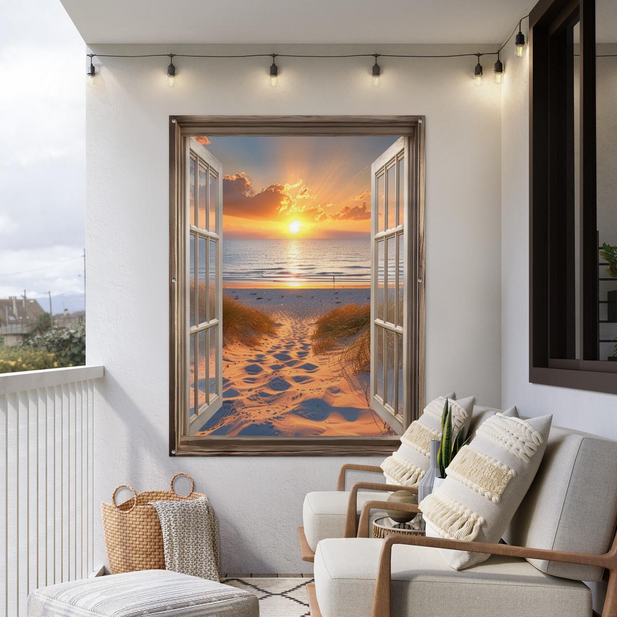 GARTENPOSTER Durchblick - Strand - Dünen - Sonnenuntergang Gartendekoration 120x160 cm - Orange, Kunststoff (120/160/0.2cm) - OnlyWow