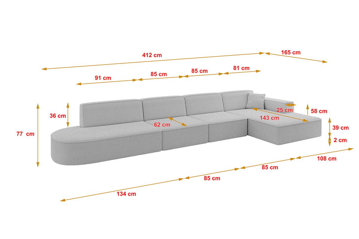 ECKSOFA Ottomane Rechts IREA-L3-v4 - 412x165x77 cm Hellgrau - Hellgrau, Holzwerkstoff/Textil (412/165cm) - ALTDECOR