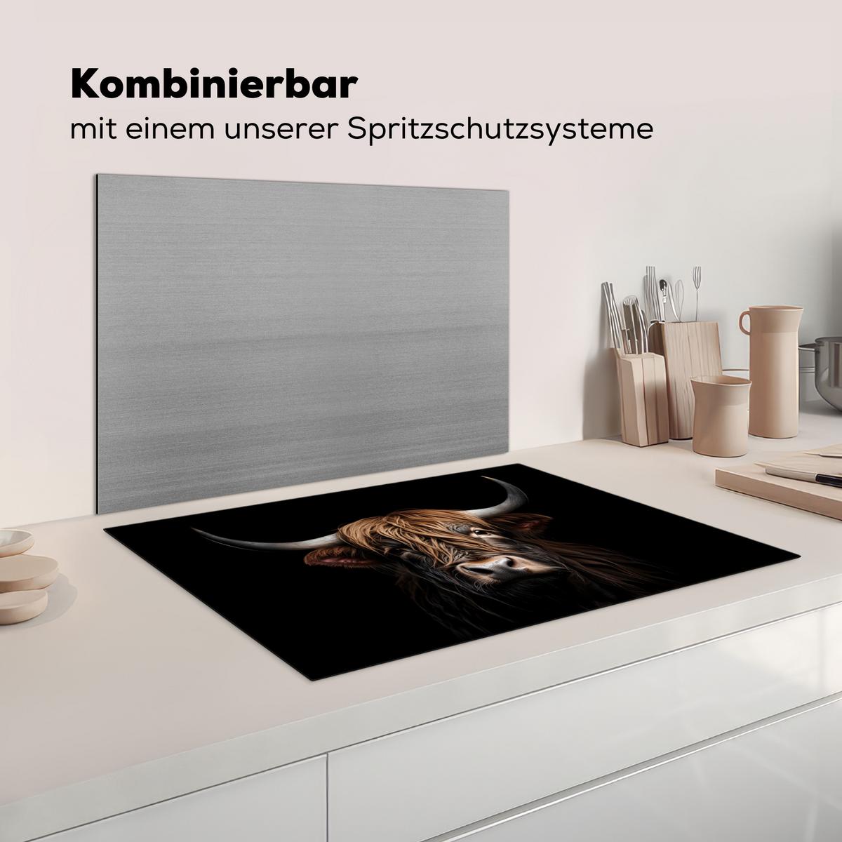 HERDABDECKPLATTE Schottischer Highlander - Porträt - Schwarz - Tier Ceranfeldabdeckung 76x51.5 cm - Braun, Kunststoff (76/51.5/0.2cm) - MuchoWow