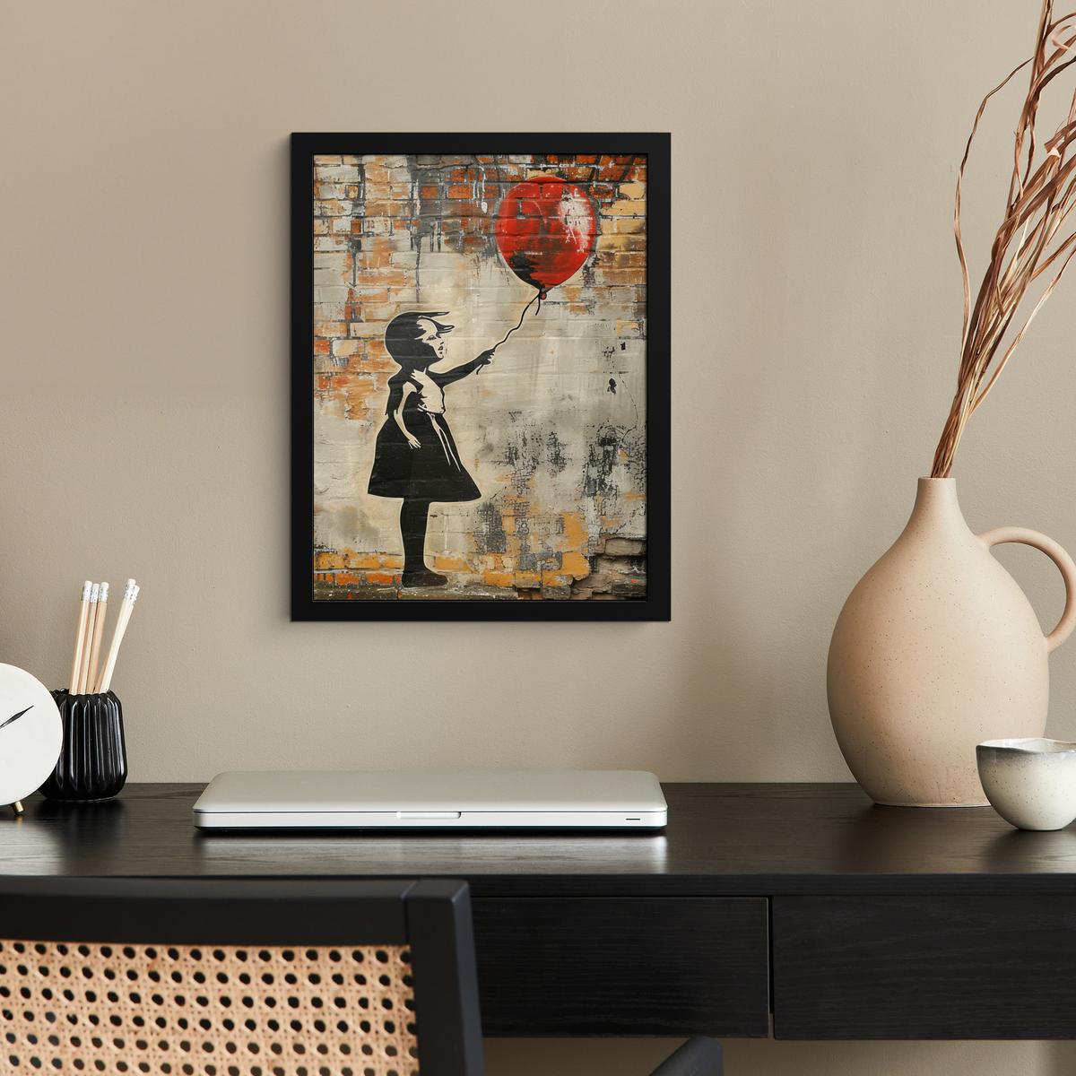 POSTER MIT RAHMEN Graffiti - Banksy - Mädchen - Straßenkunst Bilderrahmen 30x40 cm - Sandfarben, Papier (30/40cm) - MuchoWow