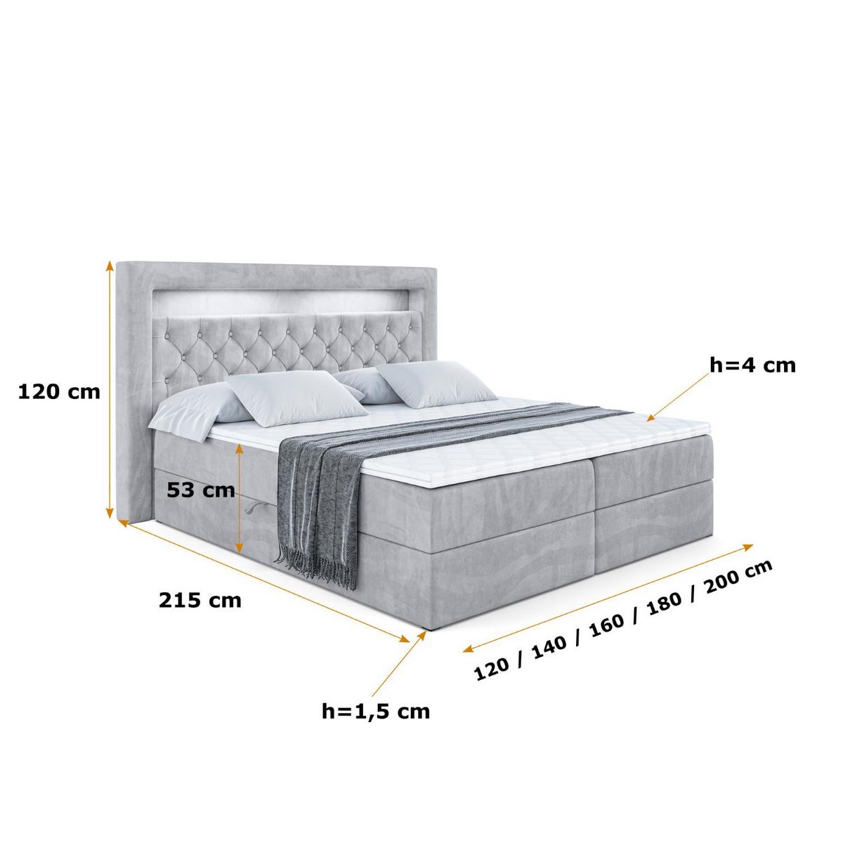 BOXBETT LED mit H3-Matratze und Lattenrost - NOEL GOLD - 140x200 Hellgrau - Hellgrau, Holzwerkstoff (140/200cm) - ALTDECOR