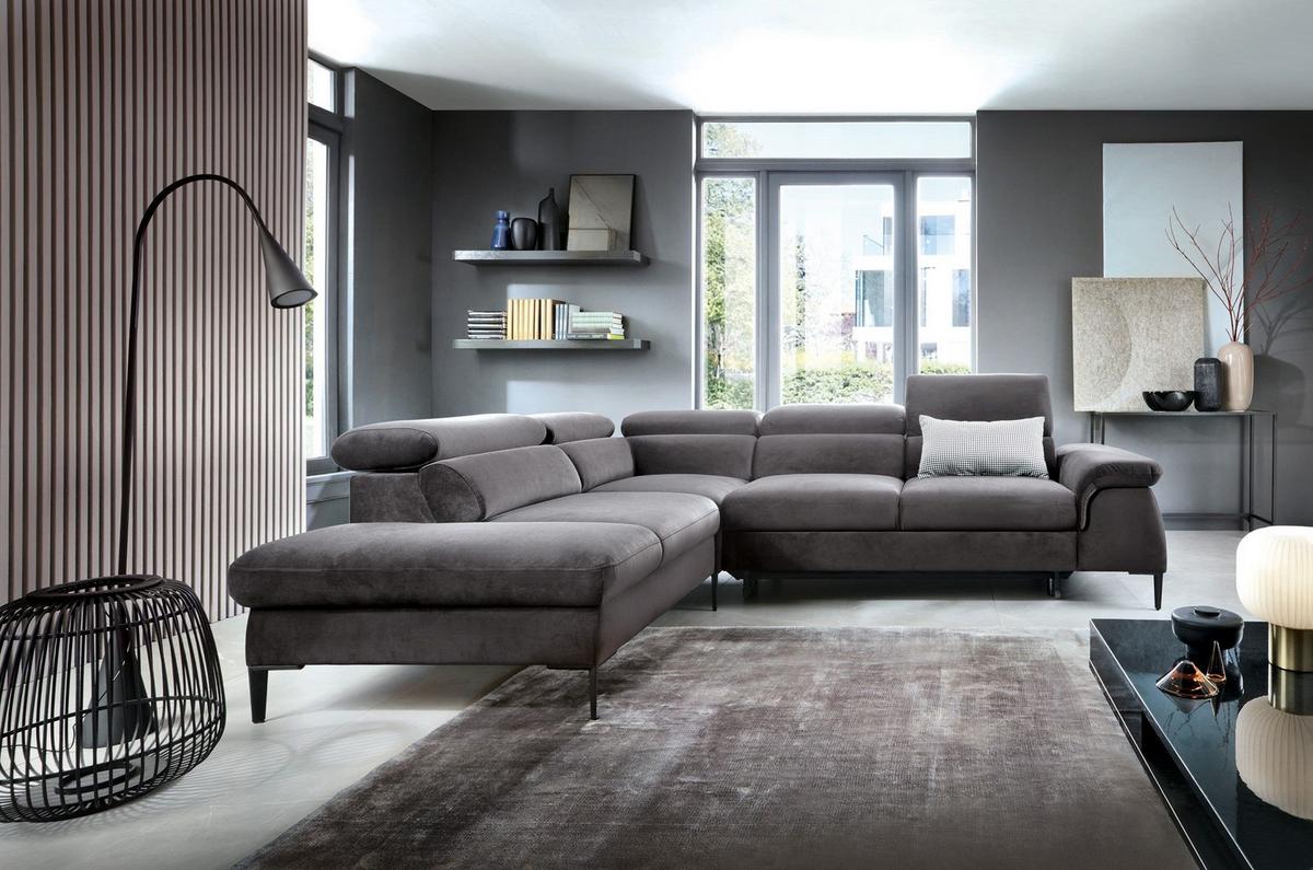 ECKSOFA MESTO Grau Velours-Stoff mit Schlaffunktion - Grau, Holz (280/214cm) - MASSENO