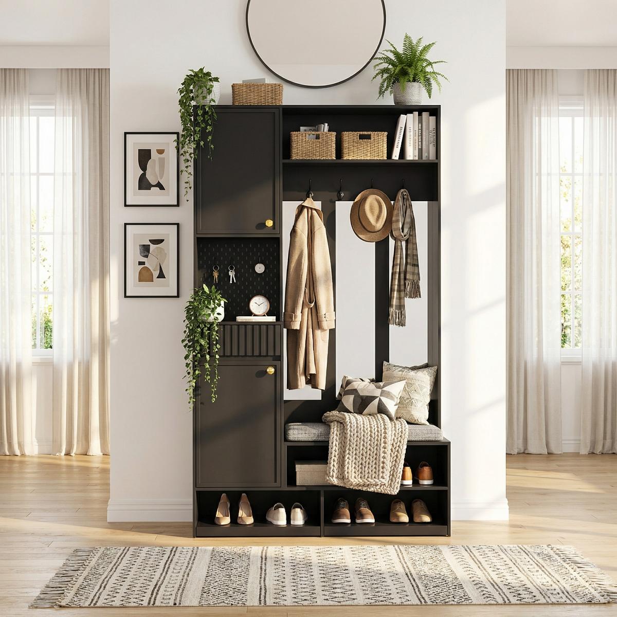 GARDEROBEN-SET 100 cm in Schwarz 6-in-1 Flurgarderobe - Schwarz, Holzwerkstoff (100/180/35cm) - Urban Meuble