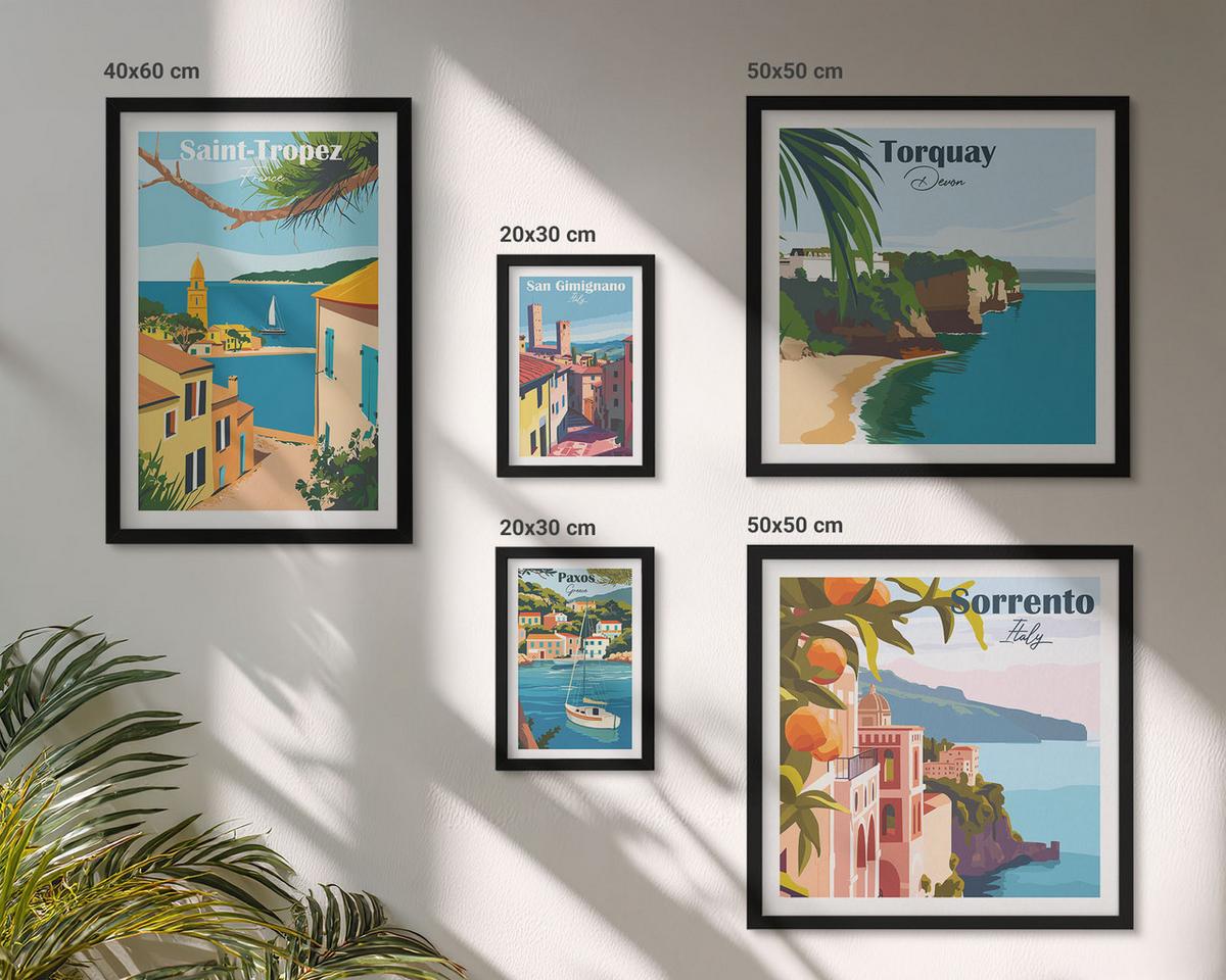 BILDER SET 5er Set - 50x50 cm & 20x30 cm & 40x60 cm Schwarzer Rahmen - Retro-Illustrationen von Weltstädten - Schwarz, Kunststoff (40/60cm) - TULUP
