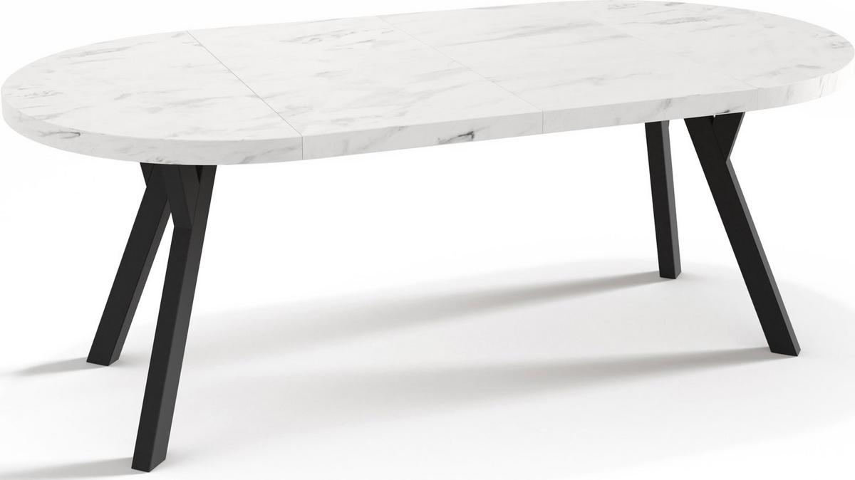 ESSTISCH Twixy runder ausziehbarer, Marmor Weiß 90-170/90/76 cm - Ecru/Schwarz, Holz/Holzwerkstoff (90/170/76cm) - WFL GROUP