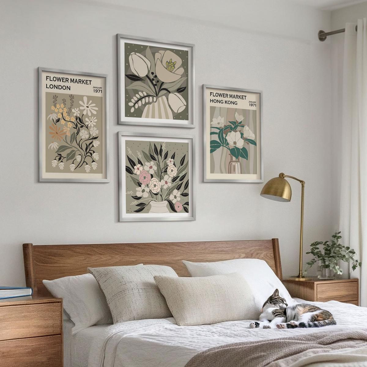 BILDER SET 4er Set - 50x50 cm & 40x60 cm Silberner Rahmen - Blumenillustrationen London Hongkong - Silberfarben, Kunststoff (50/50cm) - TULUP
