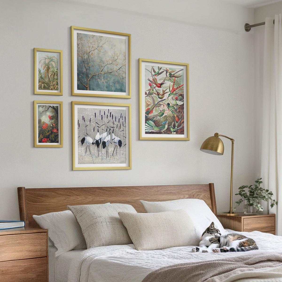 BILDER SET 5er Set - 50x50 cm & 20x30 cm & 40x60 cm Goldrahmen - Pastellfarbene Berglandschaft mit rosa Flamingos - Goldfarben, Kunststoff (40/60cm) - TULUP